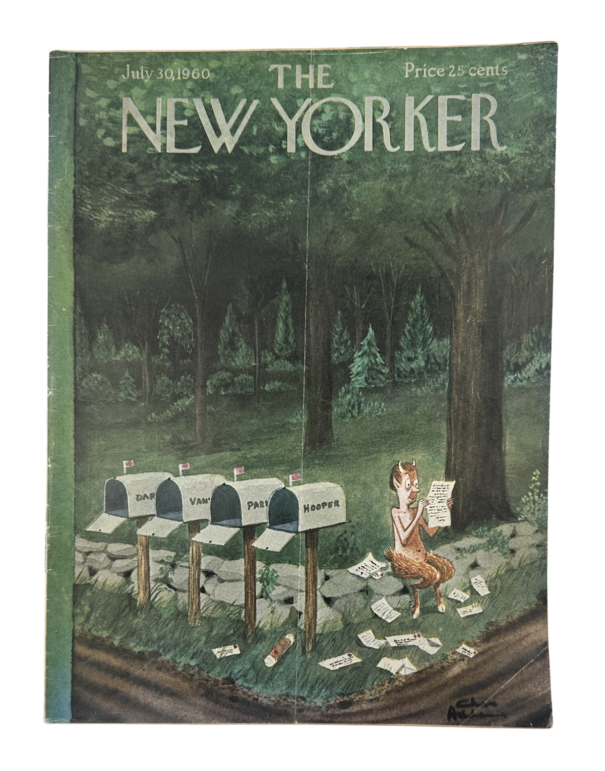 The New Yorker Magazine July 30, 1960 Woodland Mailbox Satyr Charles Addams Cover, featuring a forest mailbox scene with a seated satyr reading mail