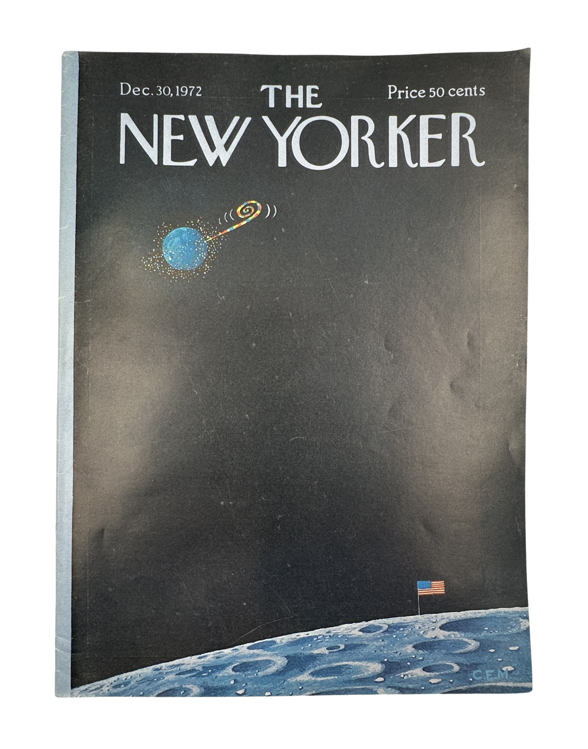 The New Yorker Magazine December 30, 1972 Lunar US Flag New Year Charles Martin Cover, featuring Earth, a small orbiting object, and a US flag on the lunar surface.