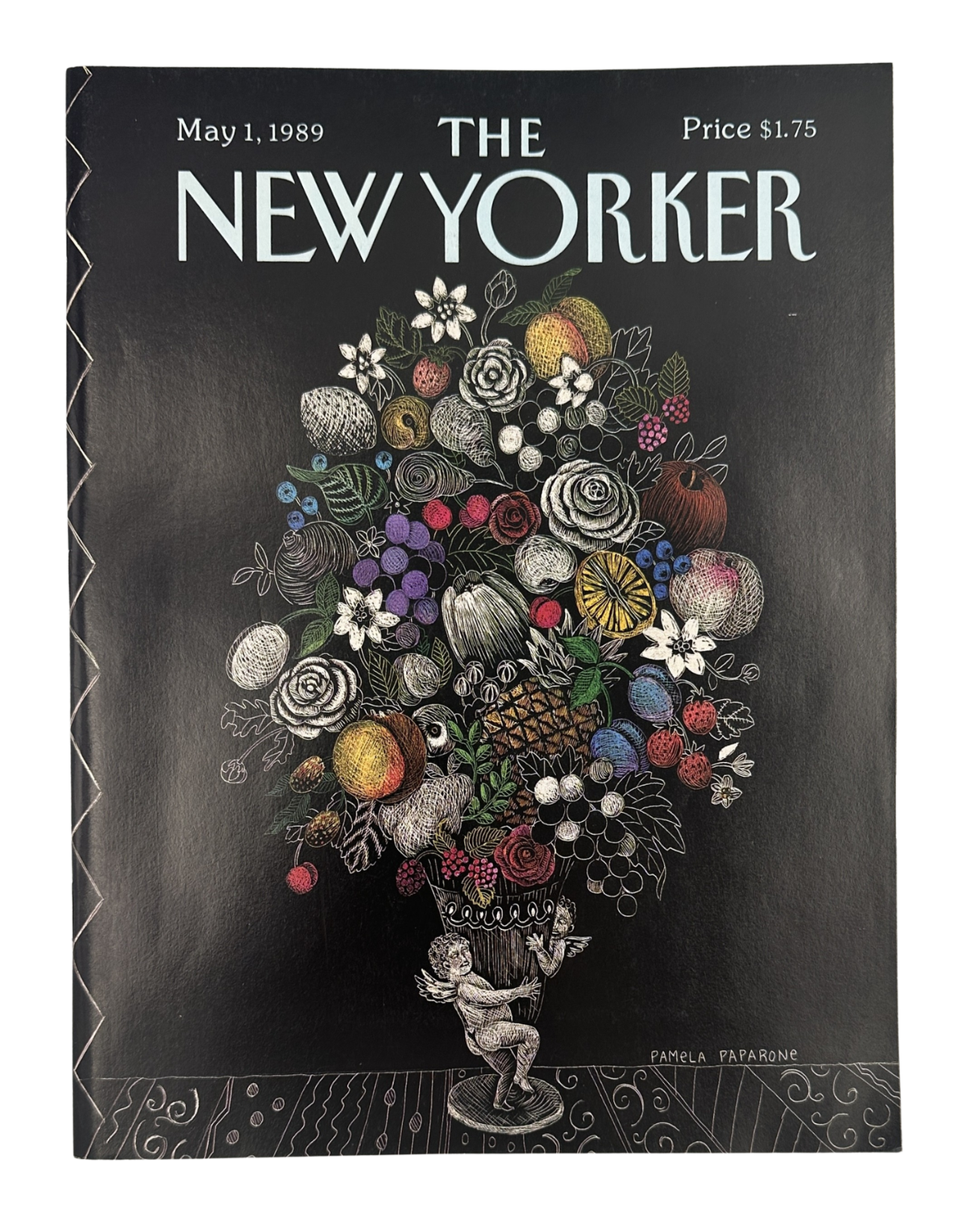 The New Yorker Magazine May 1, 1989 Fruit Flower Bouquet Pamela Paparone Cover VG, showing the black cover with a colorful illustrated bouquet of fruit, flowers, leaves, and decorative vase.