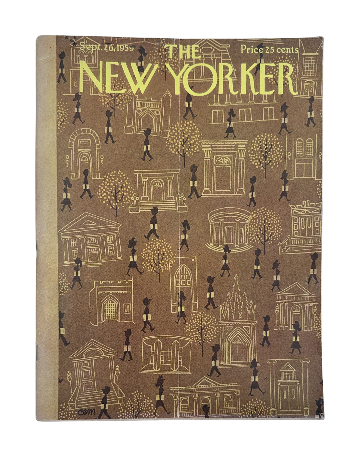 The New Yorker Magazine September 26, 1959 College Campus Students Charles Martin Cover, complete vintage magazine front cover with illustrated college campus scene.