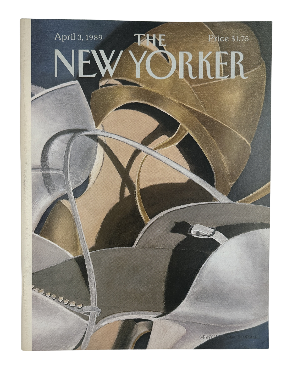 The New Yorker Magazine April 3, 1989 Fashion Sandals Gretchen Dow Simpson Cover VG, featuring an abstract illustration of overlapping gray, black, and tan sandals.