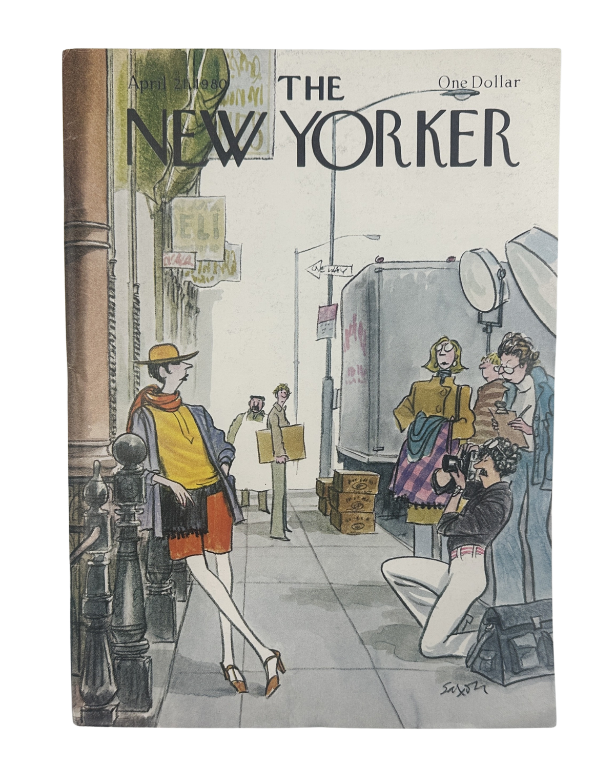 The New Yorker Magazine April 21, 1980 Fashion Photo Shoot Charles Saxon Cover VG, featuring the illustrated Charles Saxon fashion cover with people on a city sidewalk.