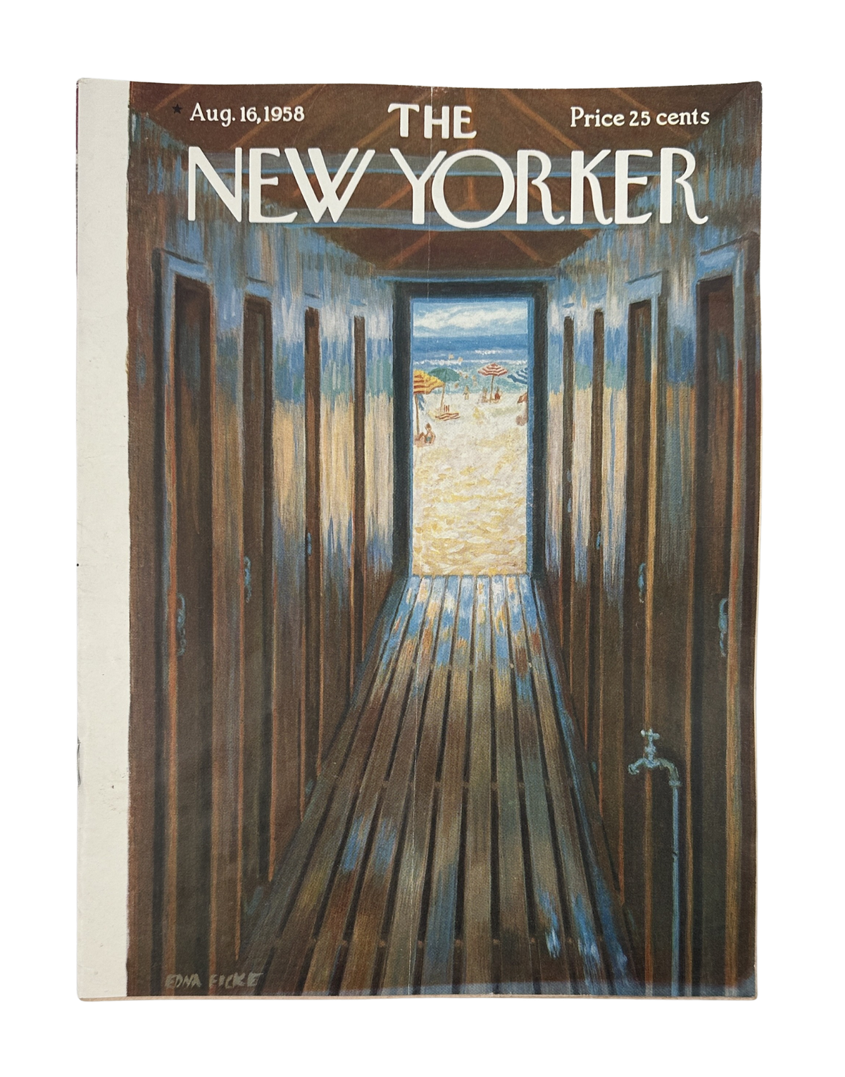 The New Yorker Magazine August 16, 1958 Beach Cabana Edna Eicke Cover featuring a painted beach cabana walkway leading to the ocean.