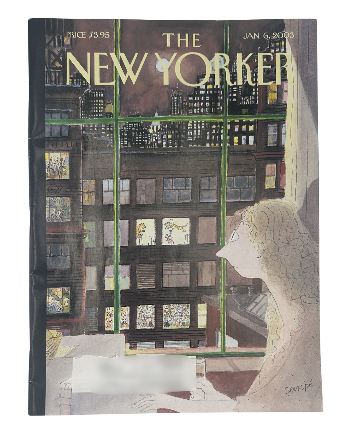The New Yorker Magazine January 6, 2003 Silence of the Night J. J. Sempé Cover VG, featuring an illustrated nighttime city scene viewed through a window.