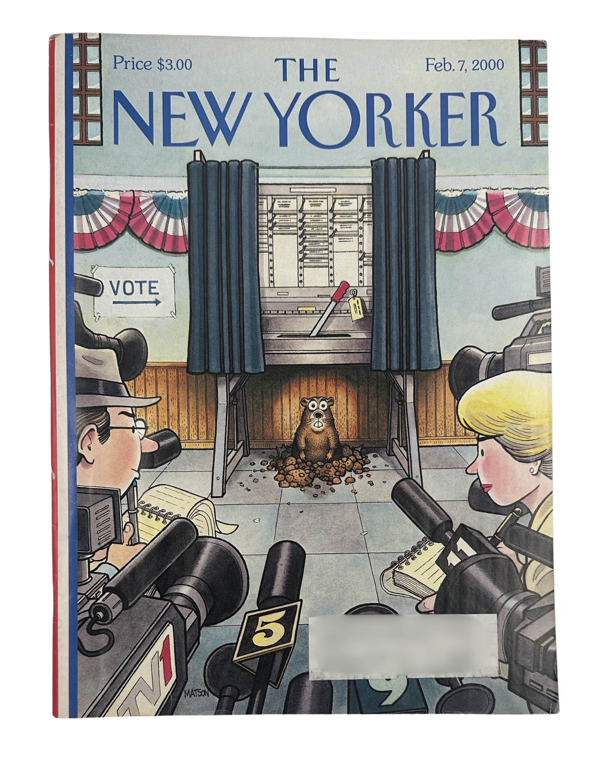 The New Yorker Magazine February 7, 2000 Voting Booth Groundhog R. J. Matson Cover, featuring a groundhog emerging from a voting booth as reporters and cameras watch.