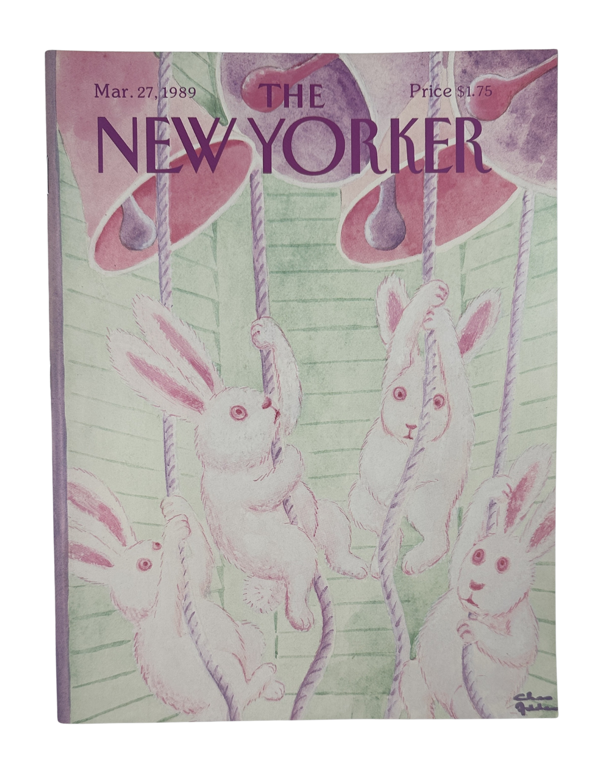 The New Yorker Magazine March 27, 1989 Easter Bunny Carousel Charles Addams Cover VG, featuring a pastel illustration of white rabbits riding a carousel.