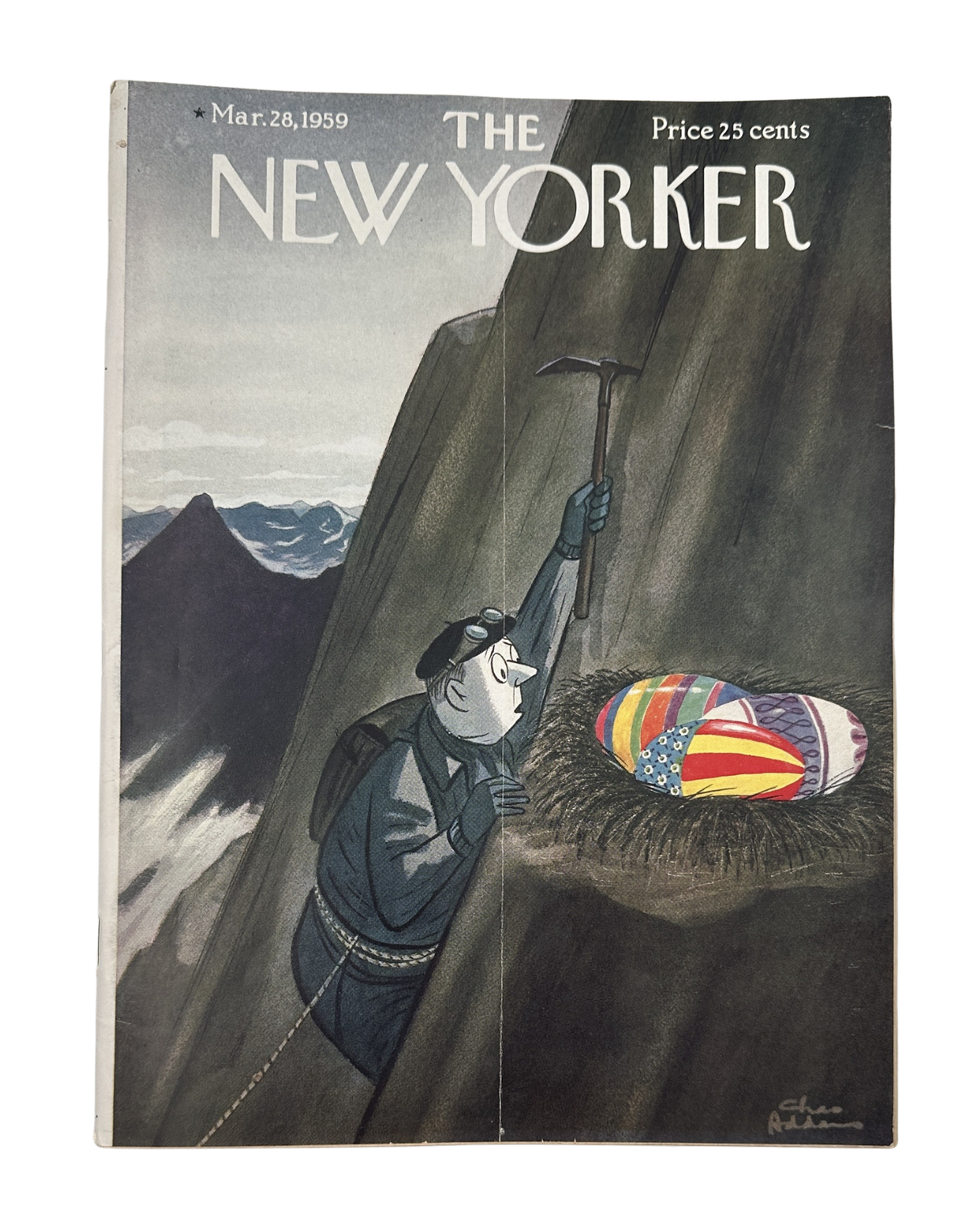 The New Yorker Magazine March 28, 1959 Easter Egg Climber Charles Addams Cover, featuring a mountain climber reaching toward a colorful Easter egg on a cliff.
