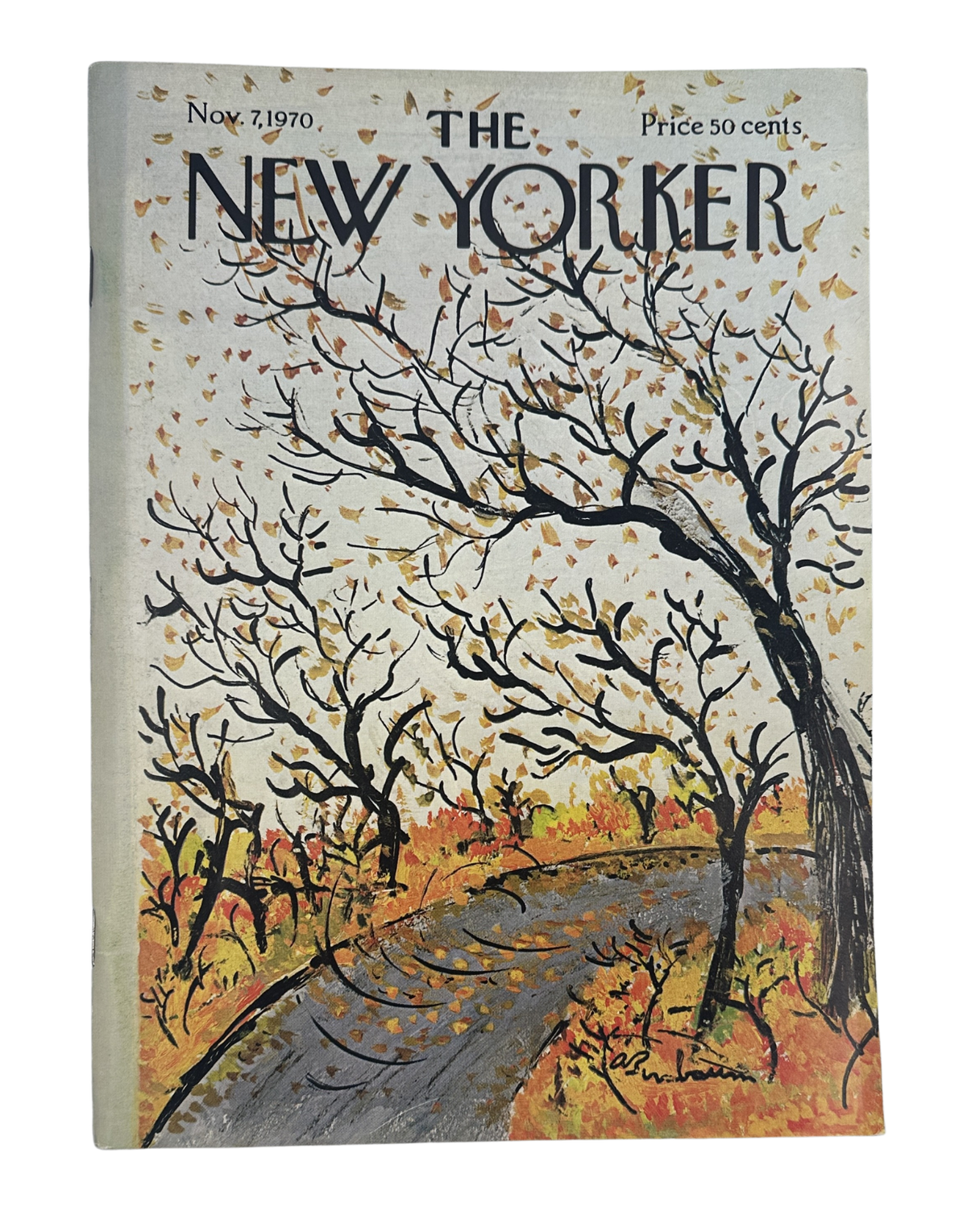 The New Yorker Magazine November 7, 1970 Autumn Road Falling Leaves Abe Birnbaum cover featuring a tree-lined country road with autumn leaves