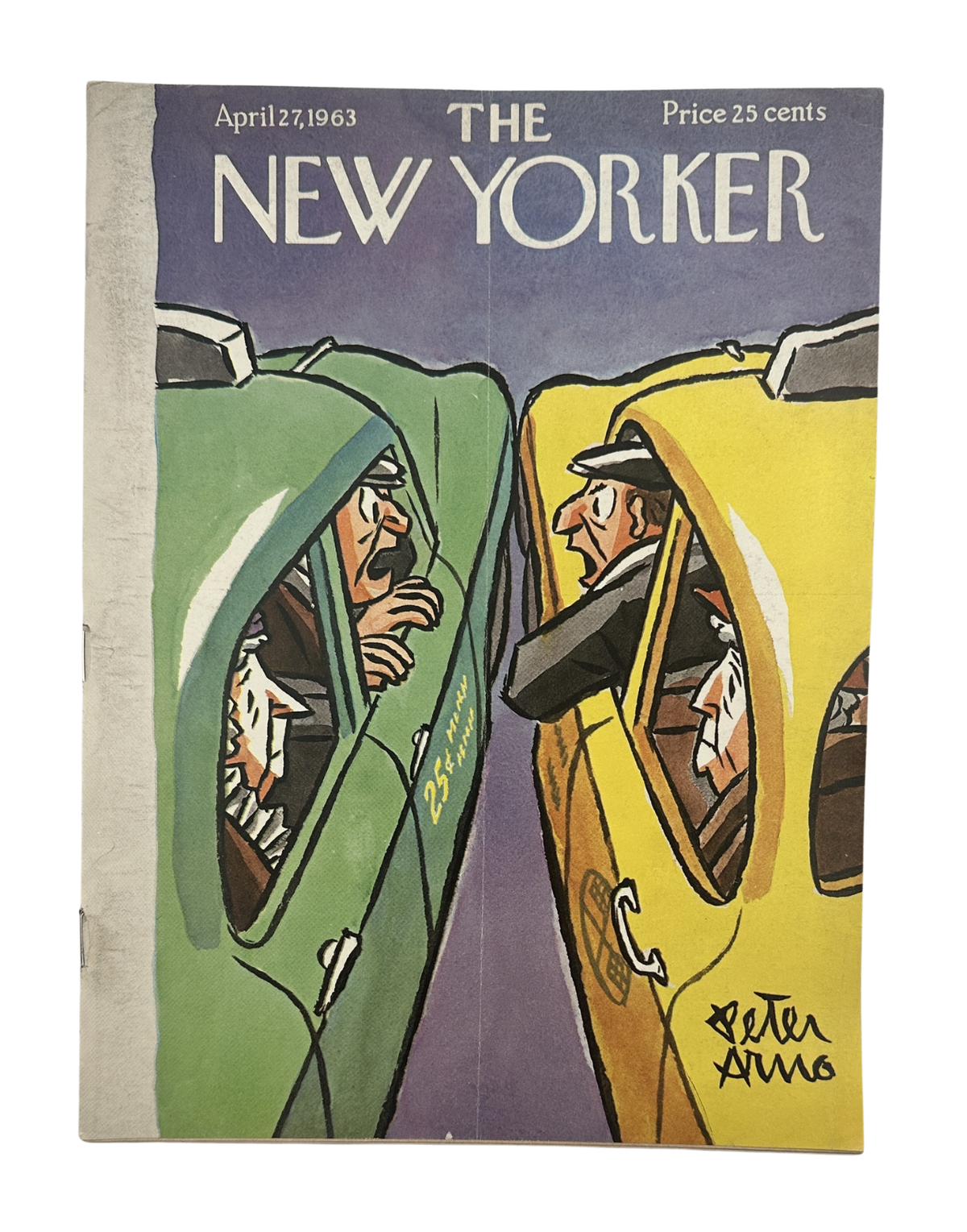 The New Yorker Magazine April 27, 1963 Taxi Drivers Peter Arno Cover featuring illustrated taxi drivers in green and yellow cabs