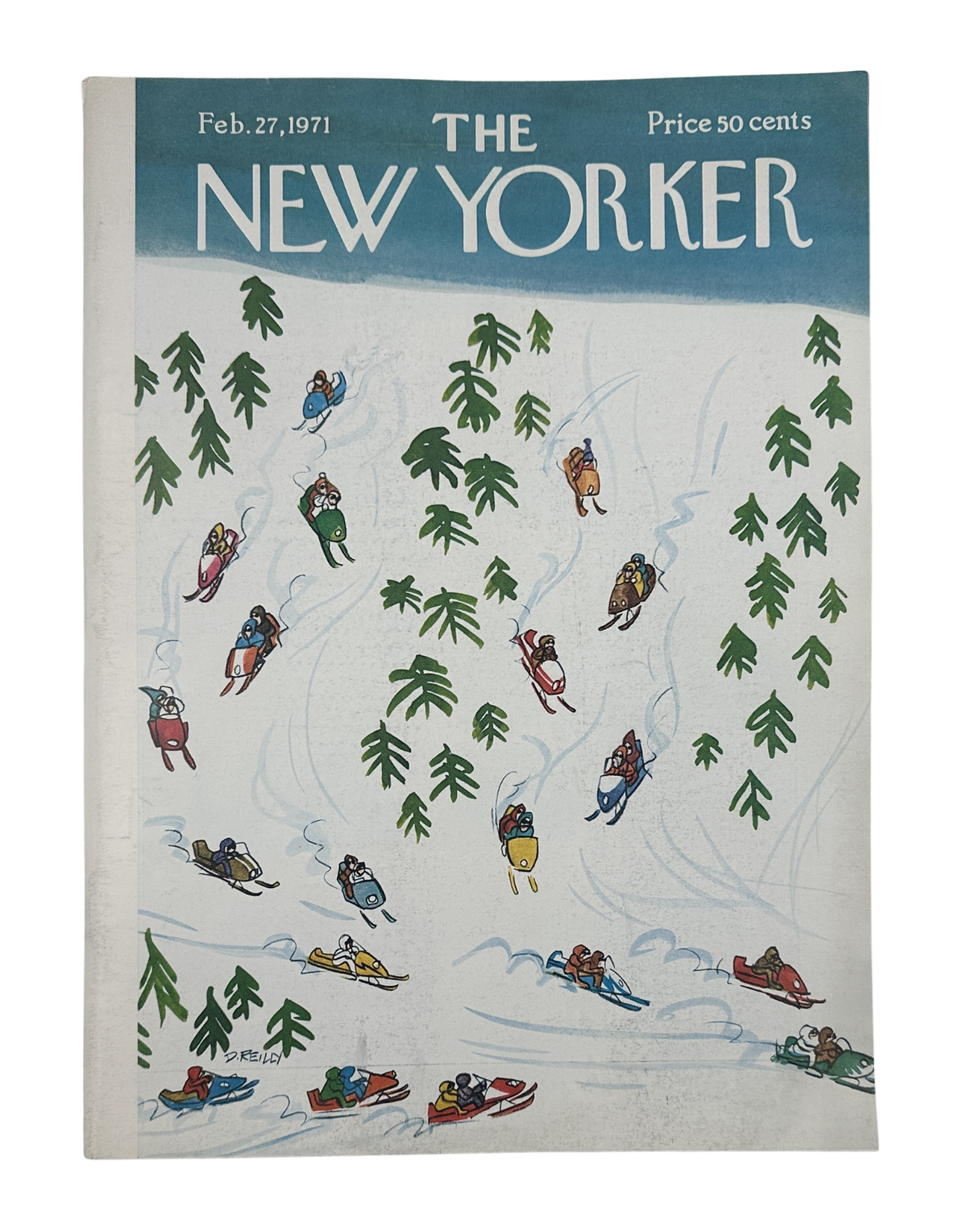 The New Yorker Magazine February 27, 1971 Snowmobile Ski Slope Donald Reilly Cover VG, featuring illustrated skiers and snowmobiles descending a snowy slope among evergreen trees.