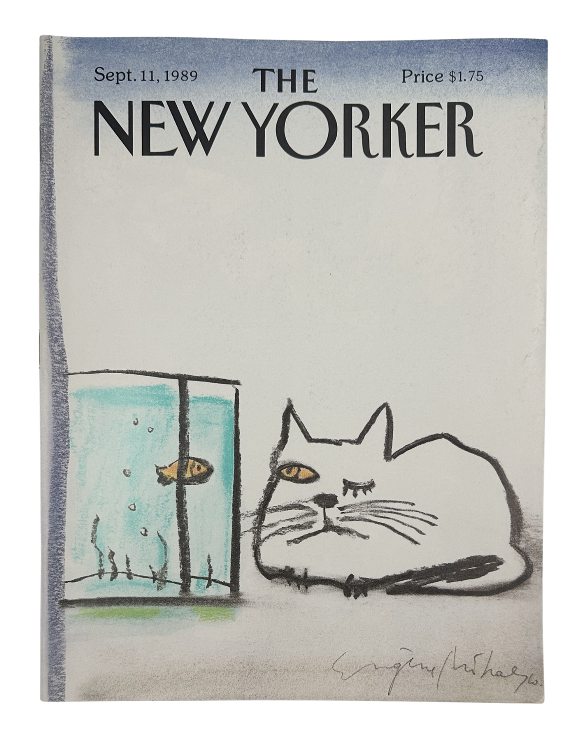 The New Yorker Magazine September 11, 1989 Cat Fishbowl Eugène Mihaesco Cover VG, featuring a cat watching a fishbowl illustration on the front cover.