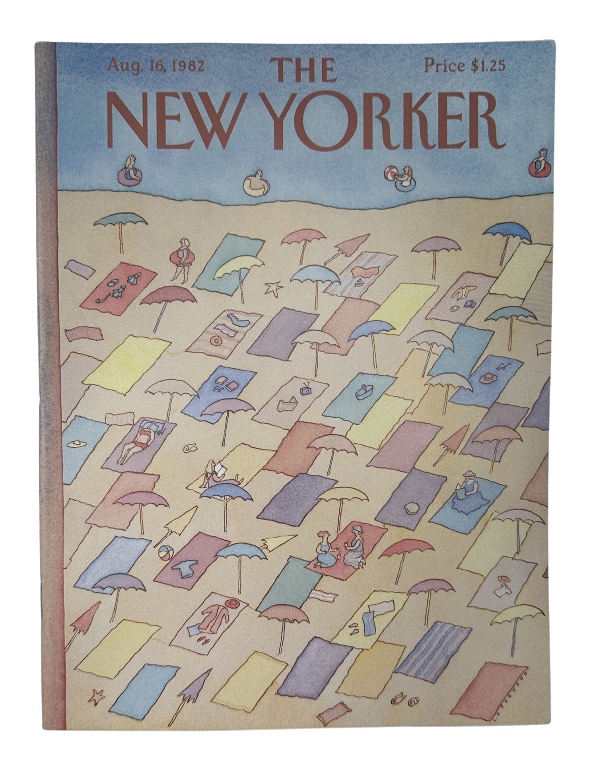 The New Yorker Magazine August 16, 1982 Beach Umbrella Towels Lonni Sue Johnson Cover VG, featuring a colorful illustrated beach scene with umbrellas and towels.