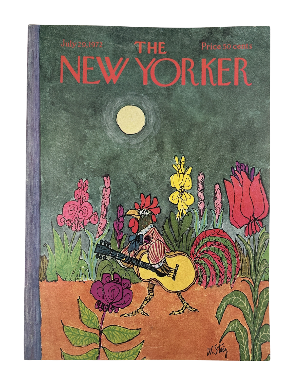 The New Yorker Magazine July 29, 1972 Guitar-Playing Rooster Garden William Steig Cover VG, featuring a colorful rooster playing guitar among flowers beneath a full moon.