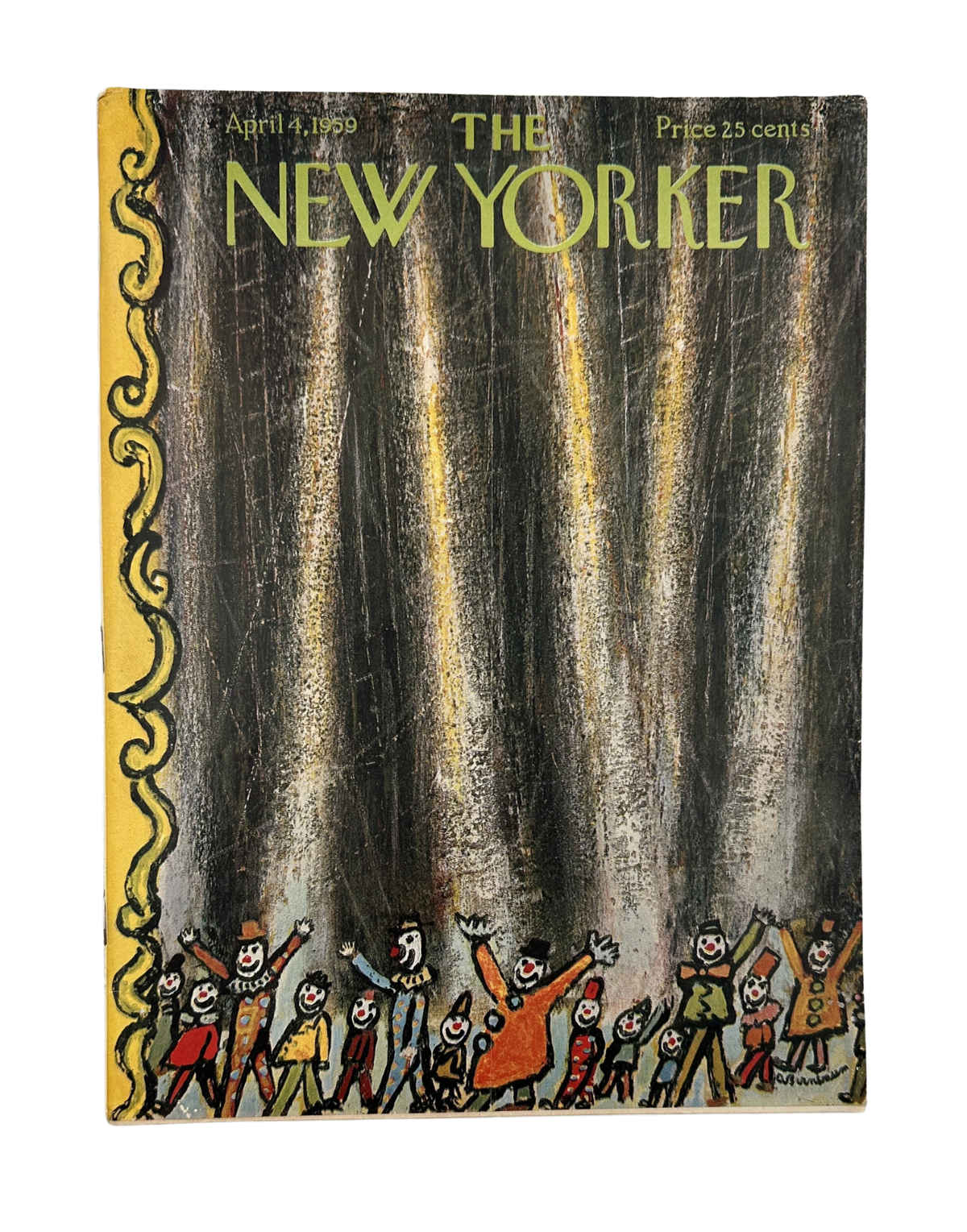 The New Yorker Magazine April 4, 1959 Circus Clowns Abe Birnbaum Cover featuring illustrated circus clowns beneath the New Yorker masthead
