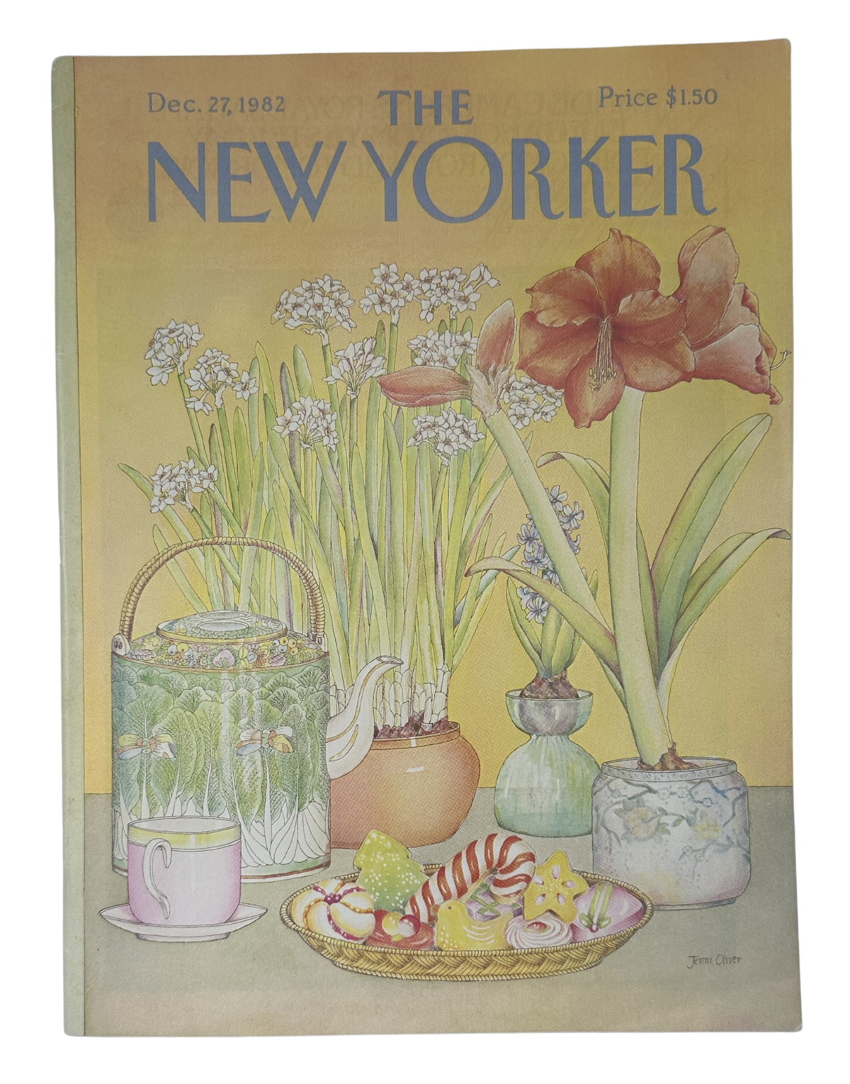 The New Yorker Magazine December 27, 1982 Holiday Floral Arrangement Jenni Oliver Cover VG, featuring an illustrated floral arrangement with amaryllis, white flowers, decorative vases, watering can, and holiday cookies.