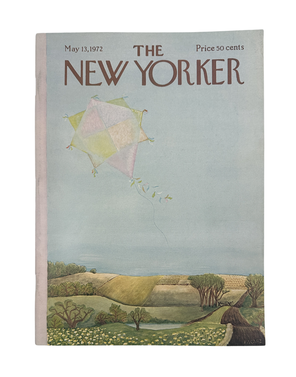 The New Yorker Magazine May 13, 1972 Pastel Kite Spring Landscape Ilonka Karasz Cover VG, featuring a pastel kite flying over a scenic spring countryside landscape with fields, trees, and wildflowers.