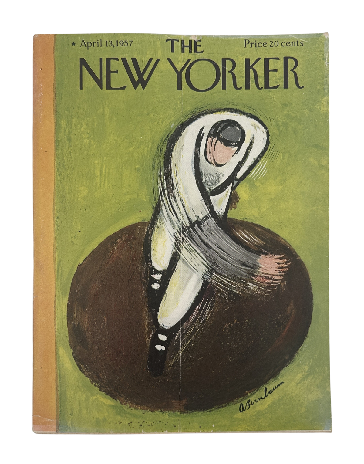 The New Yorker Magazine April 13, 1957 Baseball Pitcher Abe Birnbaum Cover, vintage magazine front cover featuring an illustrated baseball pitcher in motion.