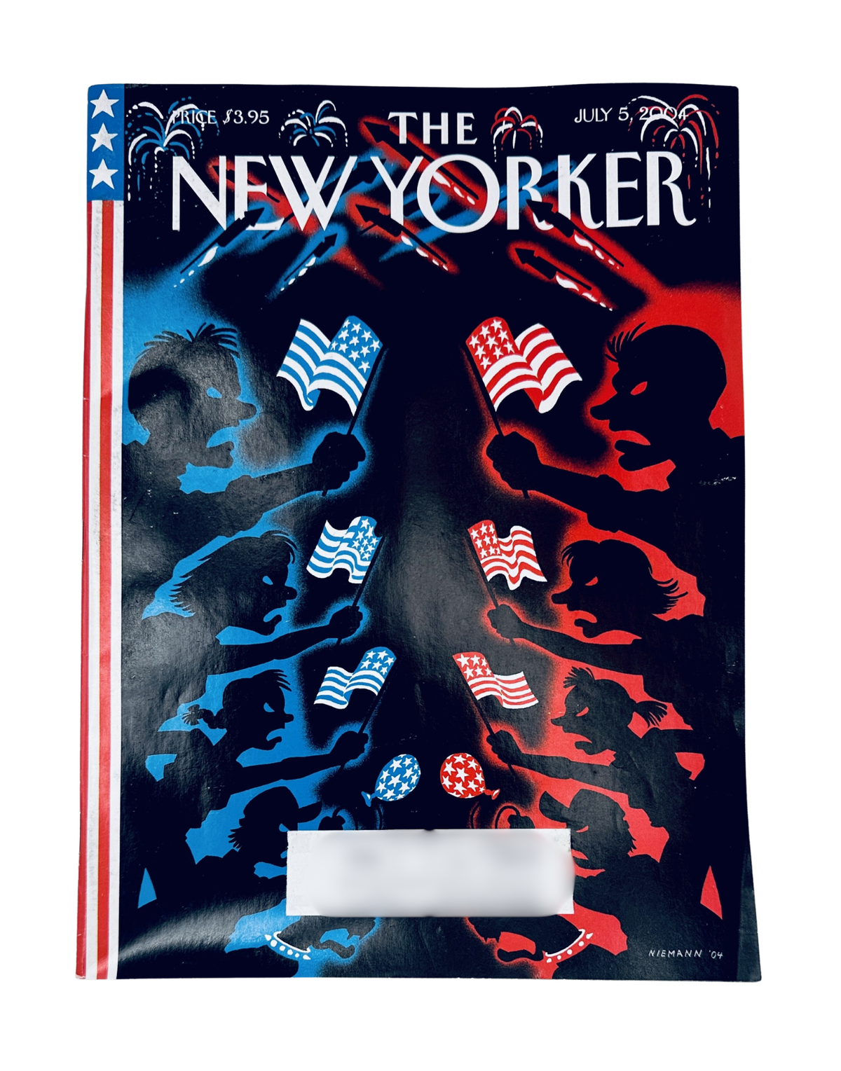 The New Yorker Magazine July 5, 2004 Declaration of Independence Christoph Niemann Cover, featuring red and blue illustrated profiles, American flags, and patriotic imagery.