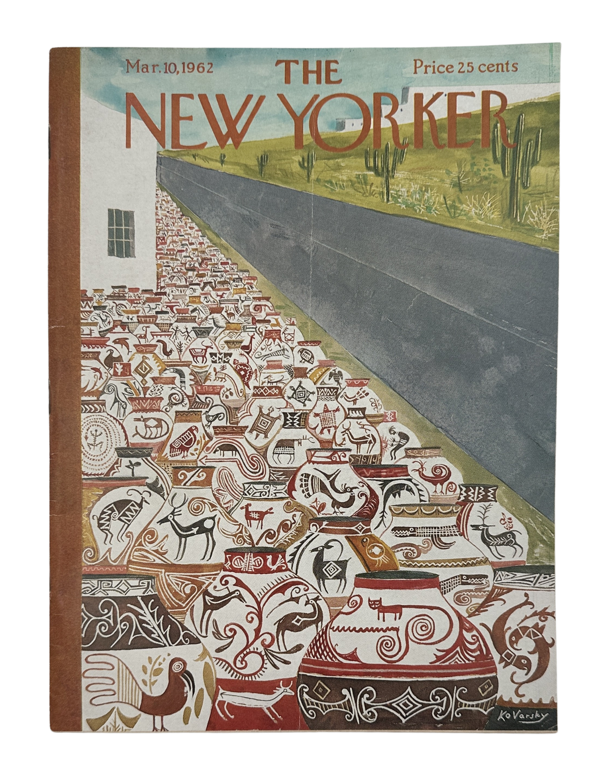 The New Yorker Magazine March 10, 1962 Southwest Pottery Road Anatol Kovarsky Cover featuring a colorful illustrated road bordered by Southwestern pottery designs and desert cacti.