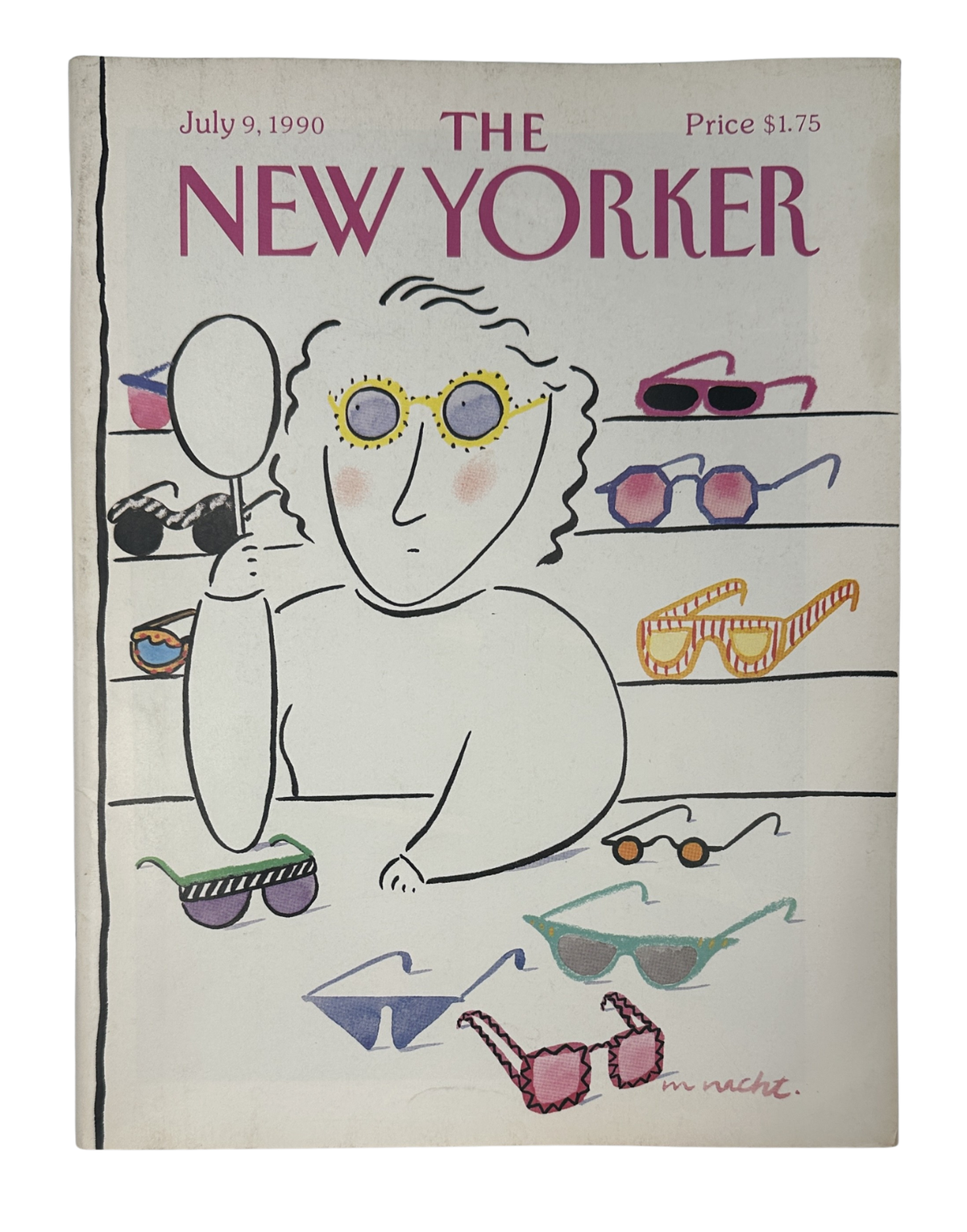 The New Yorker Magazine July 9, 1990 Sunglasses Shop Merle Nacht Cover VG, front cover featuring a whimsical illustration of a person surrounded by colorful sunglasses.