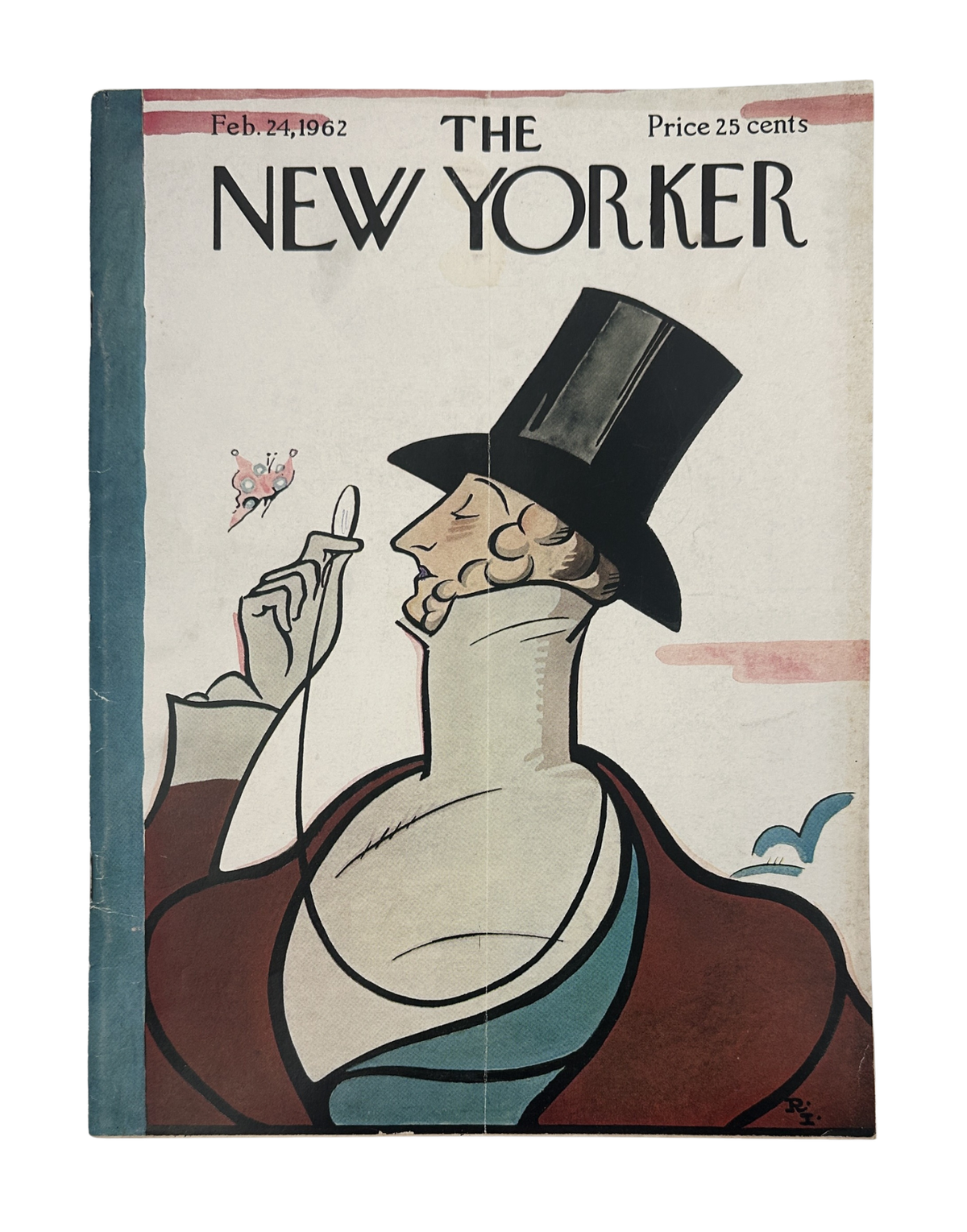 The New Yorker Magazine February 24, 1962 Top Hat Butterfly Rea Irvin Cover, featuring a vintage illustration of a man in a top hat holding a butterfly.