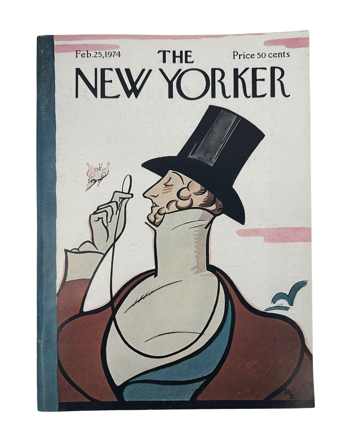 The New Yorker Magazine February 25, 1974 Top Hat Gentleman Butterfly Rea Irvin Cover VG, featuring a stylish illustrated gentleman in a tall black top hat holding a butterfly net.