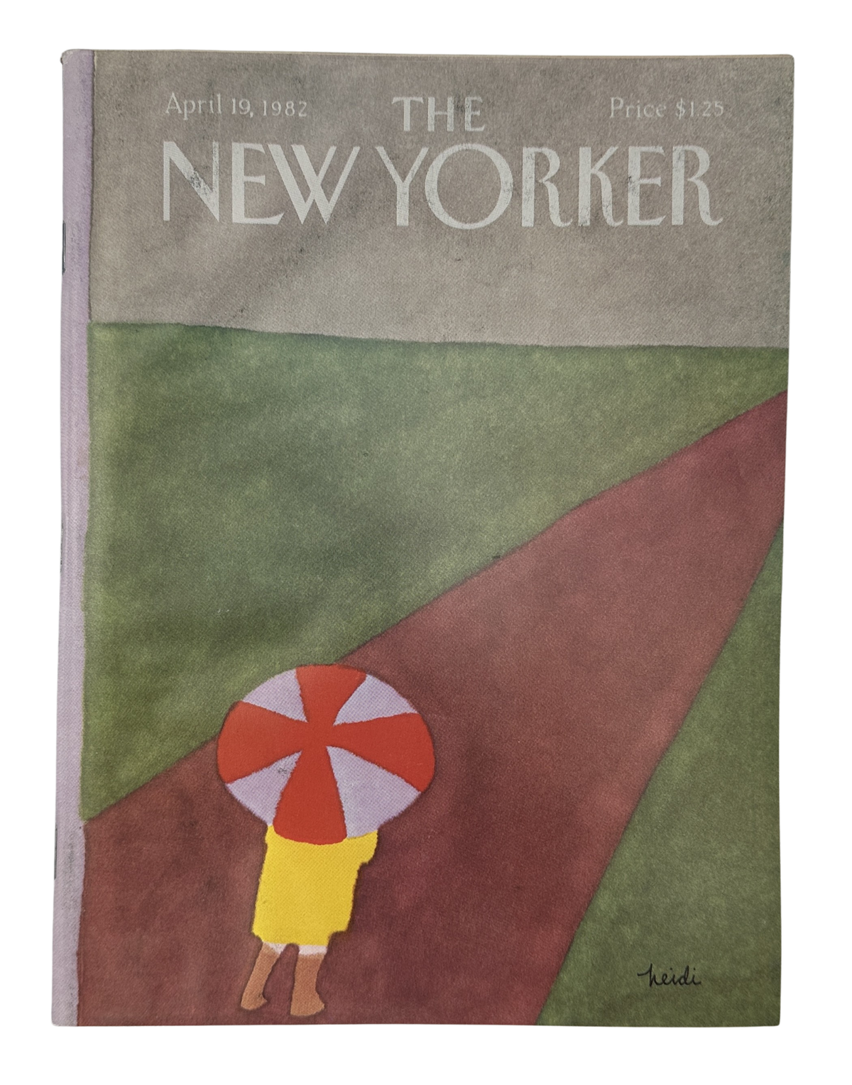 The New Yorker Magazine April 19, 1982 Umbrella Walking Path Heidi Goennel Cover VG, front cover featuring a child walking along a path with a red-and-white umbrella.