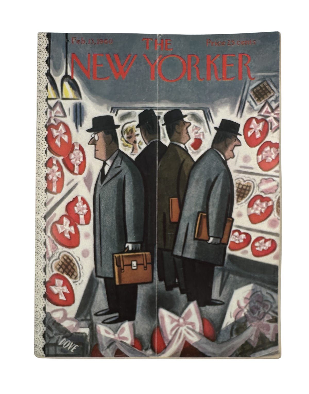 The New Yorker Magazine February 13, 1960 Valentine Window Shoppers Leonard Dove Cover, featuring three formally dressed shoppers walking past Valentine’s Day window displays.