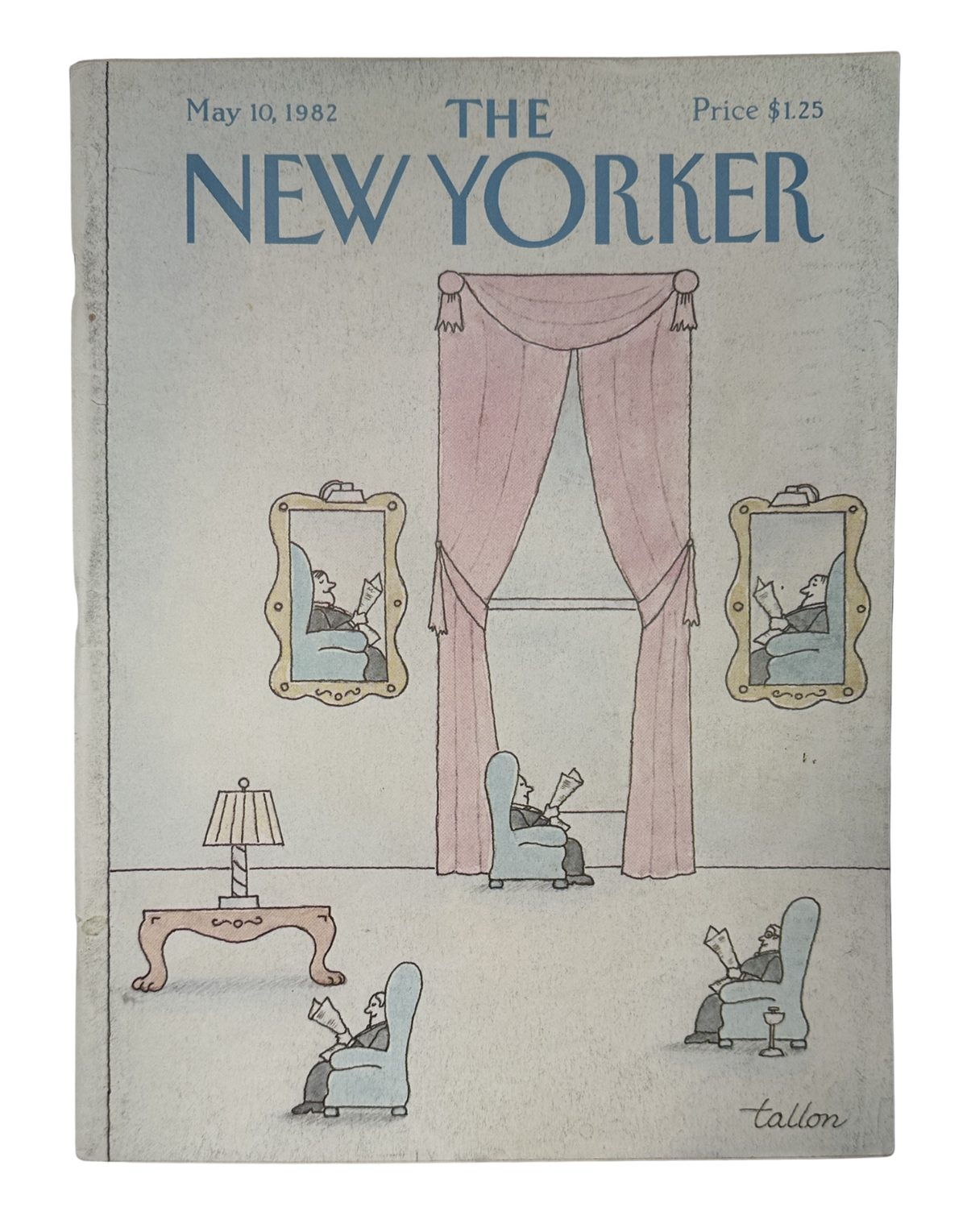 The New Yorker Magazine May 10, 1982 Reading Room Interior Robert Tallon Cover VG, featuring a whimsical reading room interior illustration with seated readers, pink curtains, framed portraits, and a table.