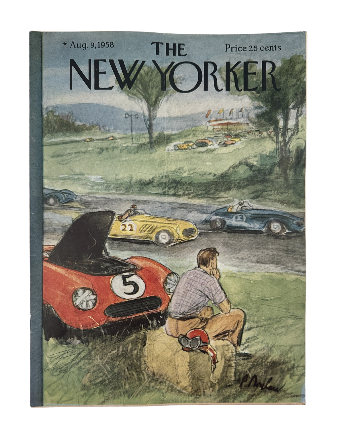 The New Yorker Magazine August 9, 1958 Vintage Auto Racing Perry Barlow Cover featuring classic race cars on a track and a spectator beside a red vintage racing car