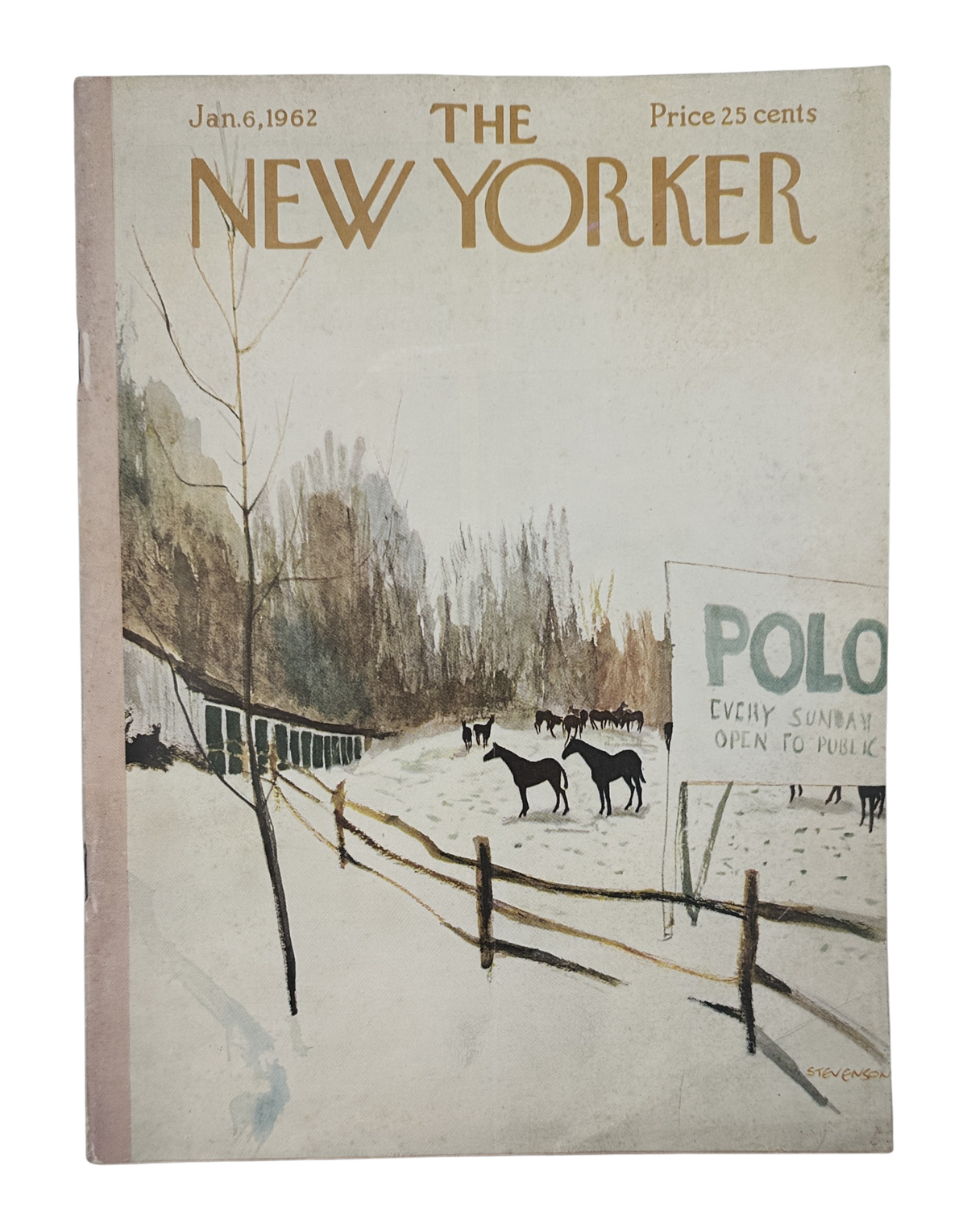 The New Yorker Magazine January 6, 1962 Snowy Polo Field Horse James Stevenson Cover, featuring a winter polo field with horses, snow-covered trees, and a vintage polo sign.