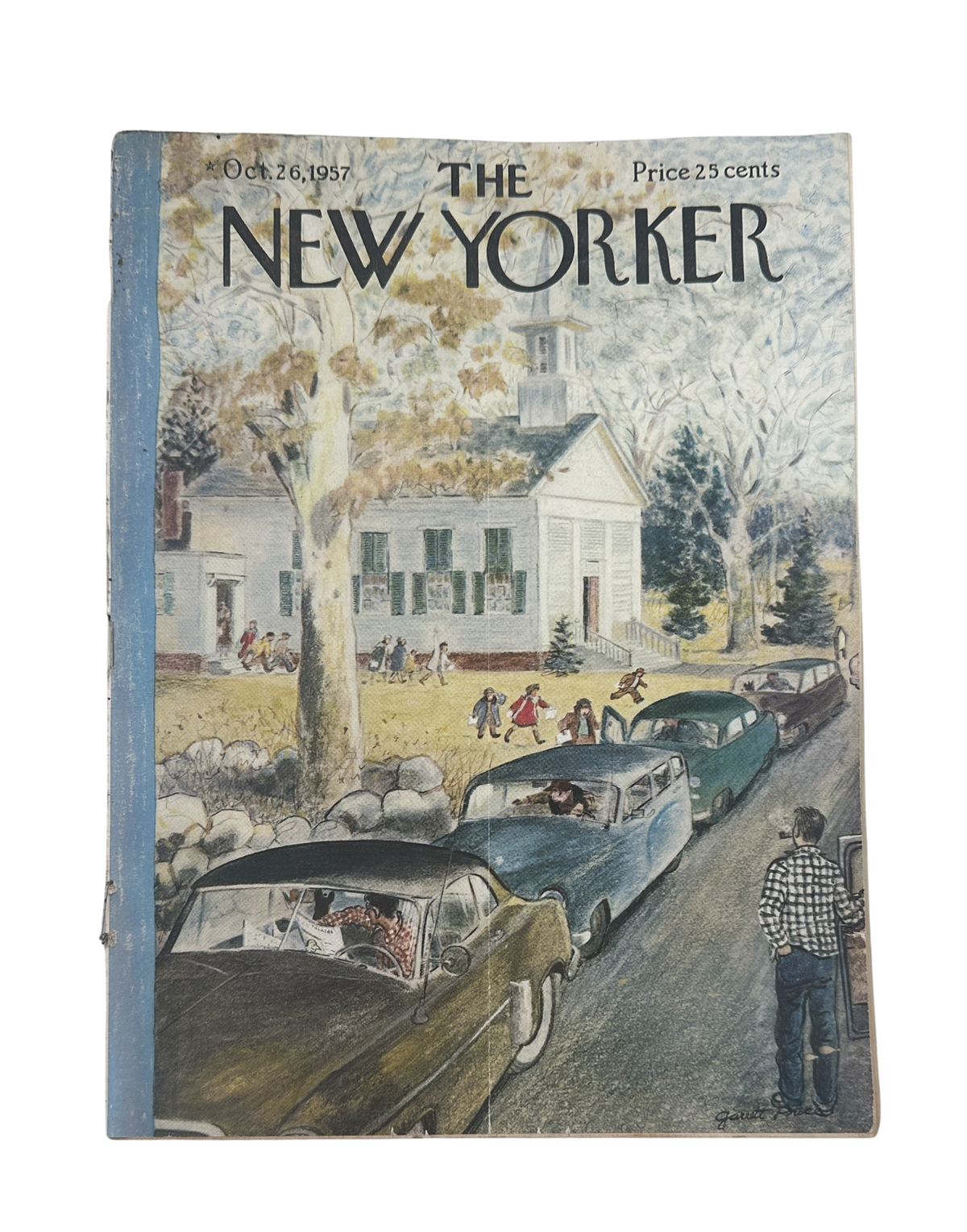 The New Yorker Magazine October 26, 1957 School Garrett Price Cover, showing the illustrated vintage cover with a schoolhouse, children, trees, and classic cars.