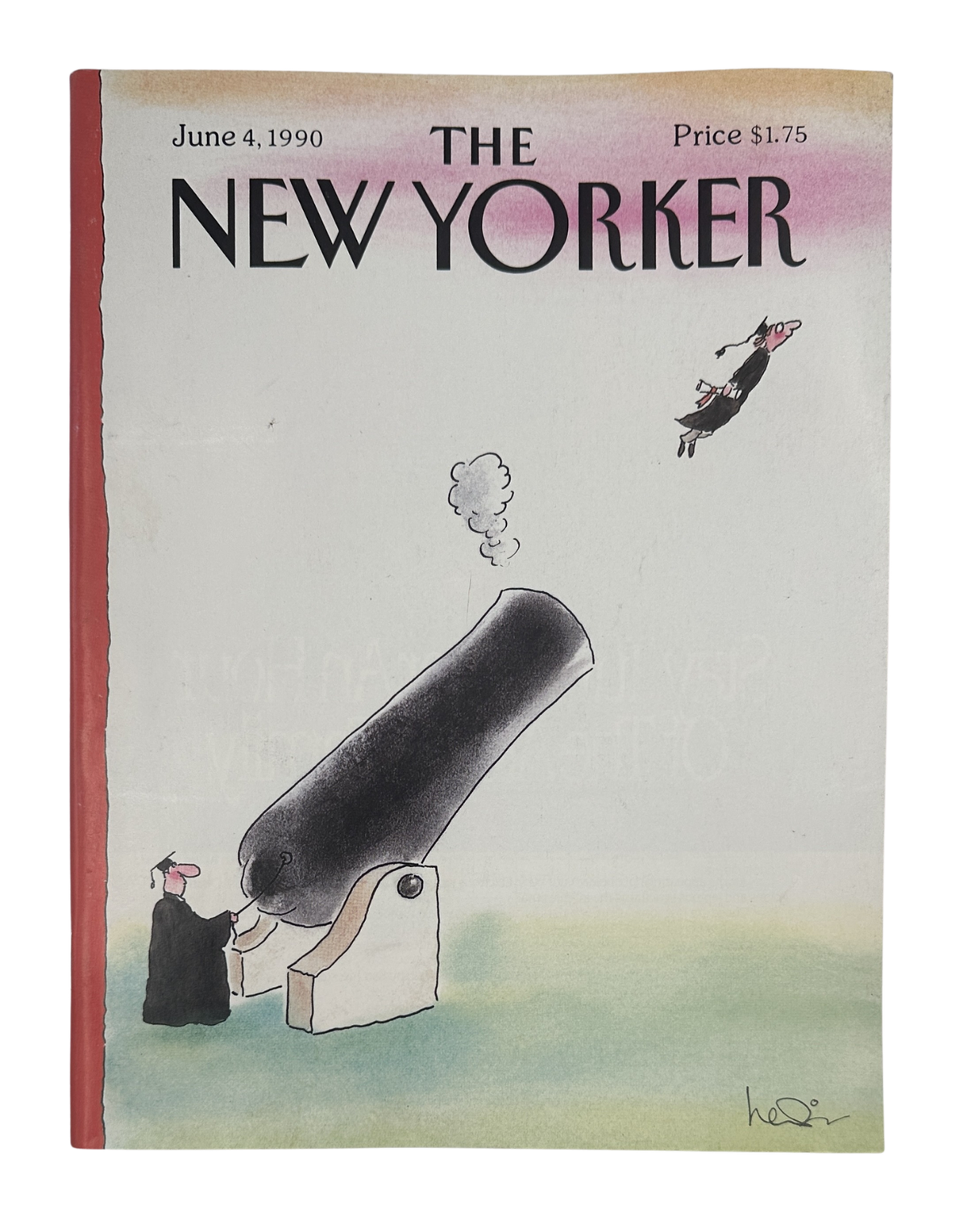 The New Yorker Magazine June 4, 1990 Cannon Graduation Arnie Levin Cover VG, featuring a humorous illustration of a cannon launching a graduate into the sky on the front cover.