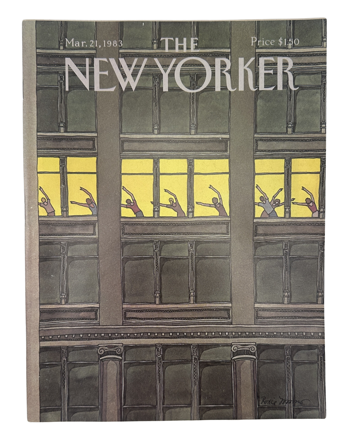 The New Yorker Magazine March 21, 1983 Office Window Exercise Roxie Munro Cover VG, front cover featuring a vintage office window illustration with people exercising in illuminated rooms.