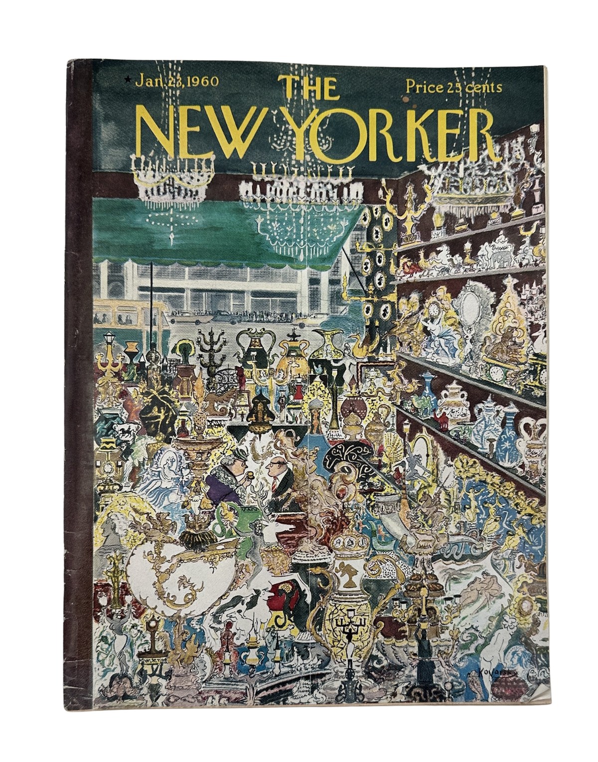 The New Yorker Magazine January 23, 1960 Antique Shop Interior Anatol Kovarsky Cover, vintage magazine front cover featuring a richly detailed antique shop interior filled with chandeliers, furniture, artwork, and collectibles.