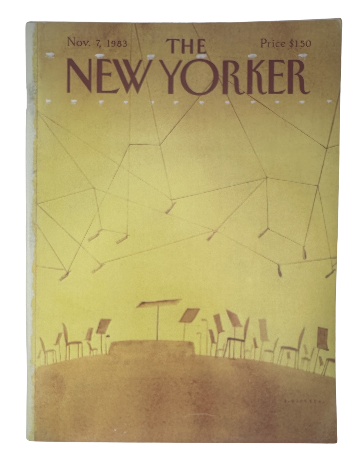 The New Yorker Magazine November 7, 1983 Empty Orchestra Stage Abel Quezada Cover VG, featuring a vintage yellow illustration of an empty orchestra stage with hanging microphones and music stands.