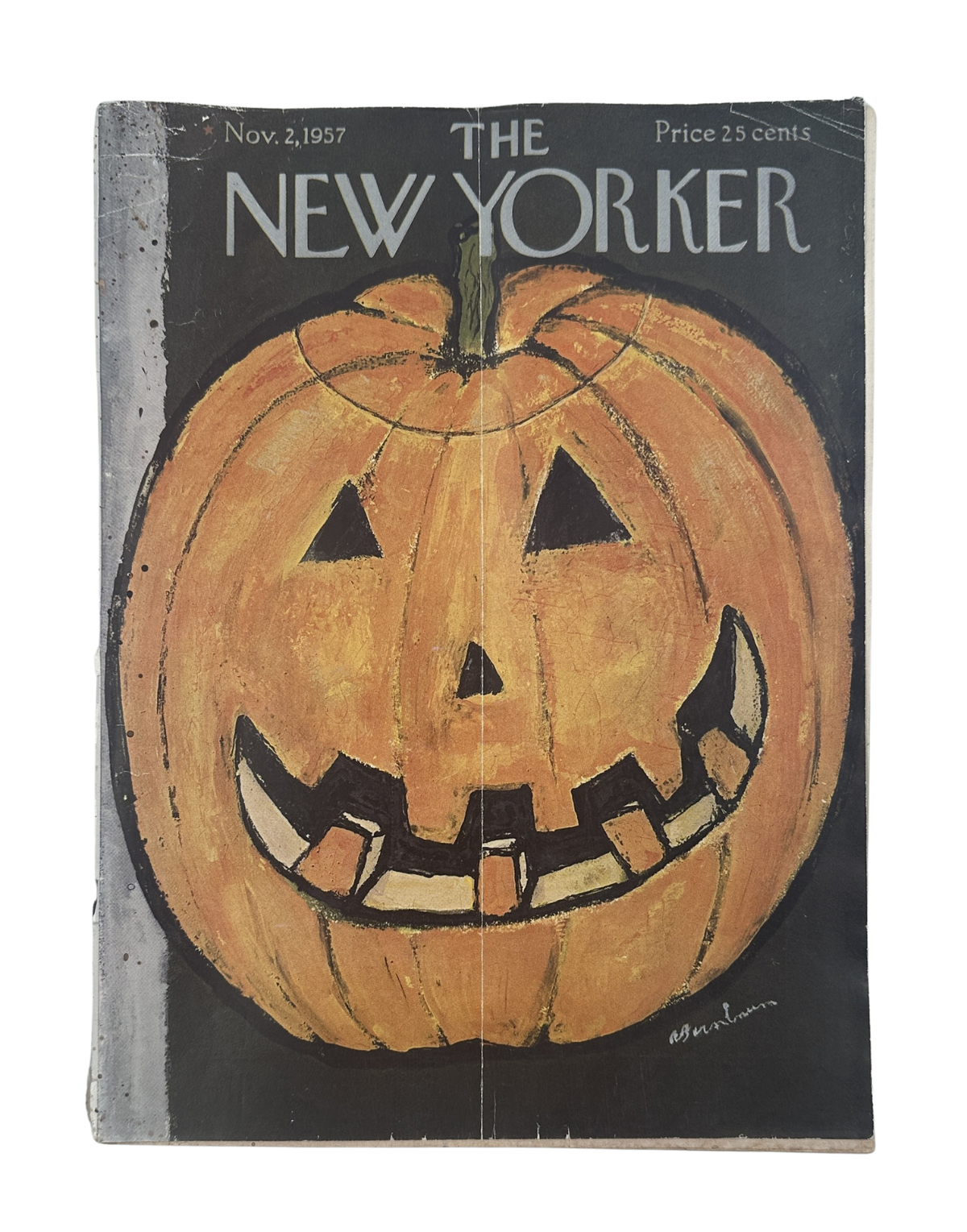 The New Yorker Magazine November 2, 1957 Halloween Abe Birnbaum Cover featuring a vintage jack-o'-lantern illustration with a smiling face.