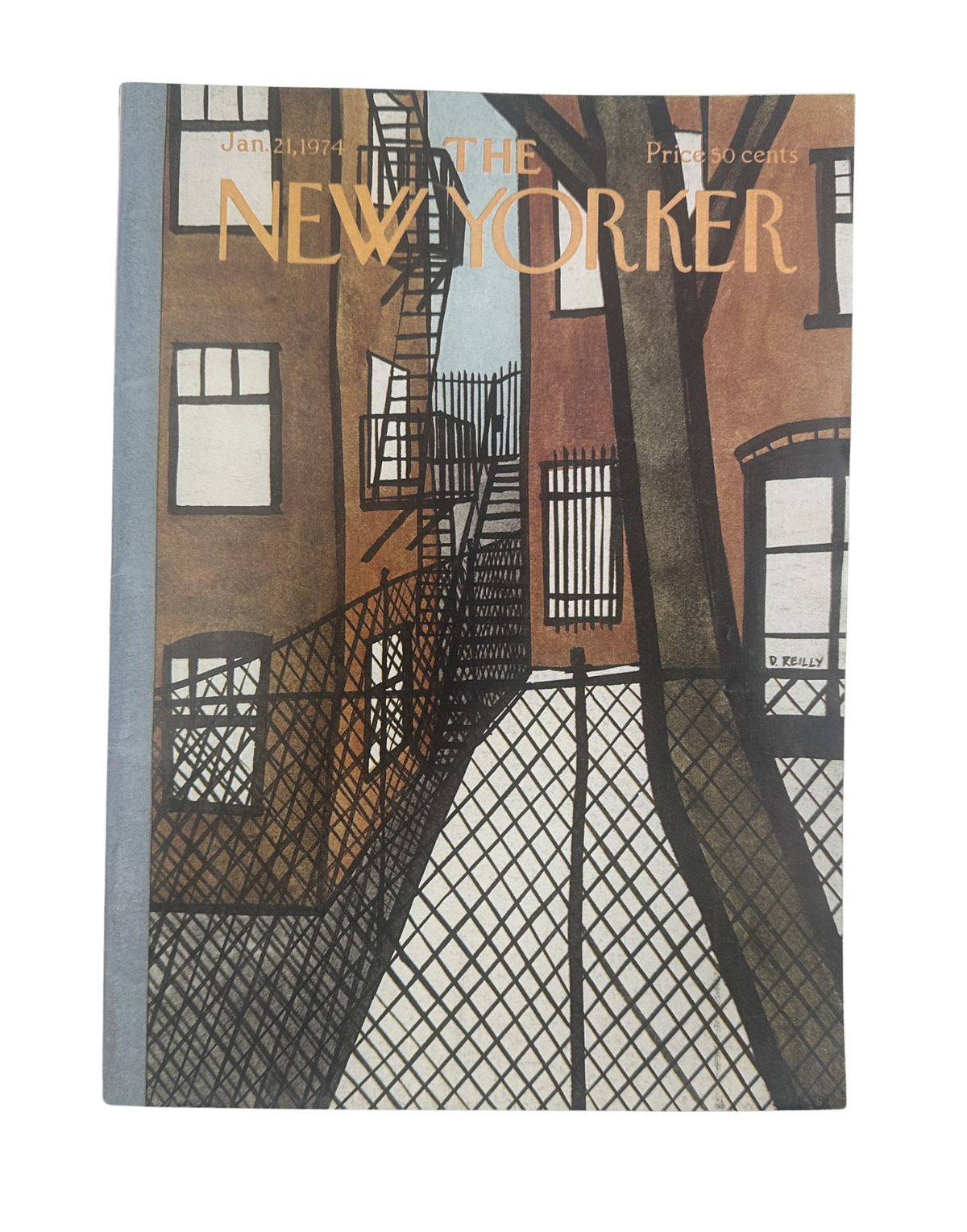 The New Yorker Magazine January 21, 1974 Fire Escapes Courtyard Donald Reilly Cover, showing the vintage illustrated cover with urban fire escapes, courtyard fencing, and apartment windows.