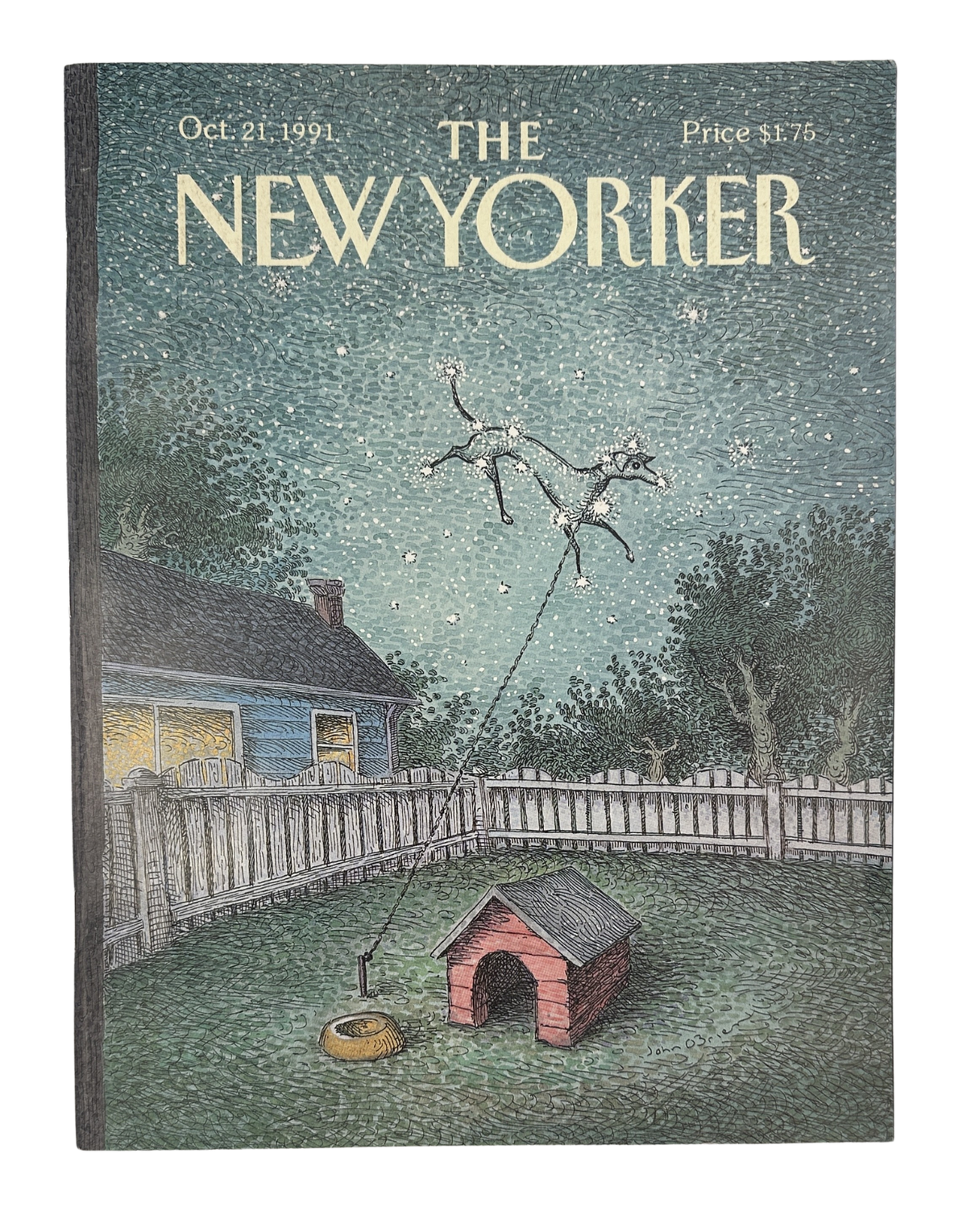 The New Yorker Magazine October 21, 1991 Dog Skeleton Kite John O’Brien Cover VG, featuring an illustrated backyard scene with a skeletal dog flying a kite above a doghouse.