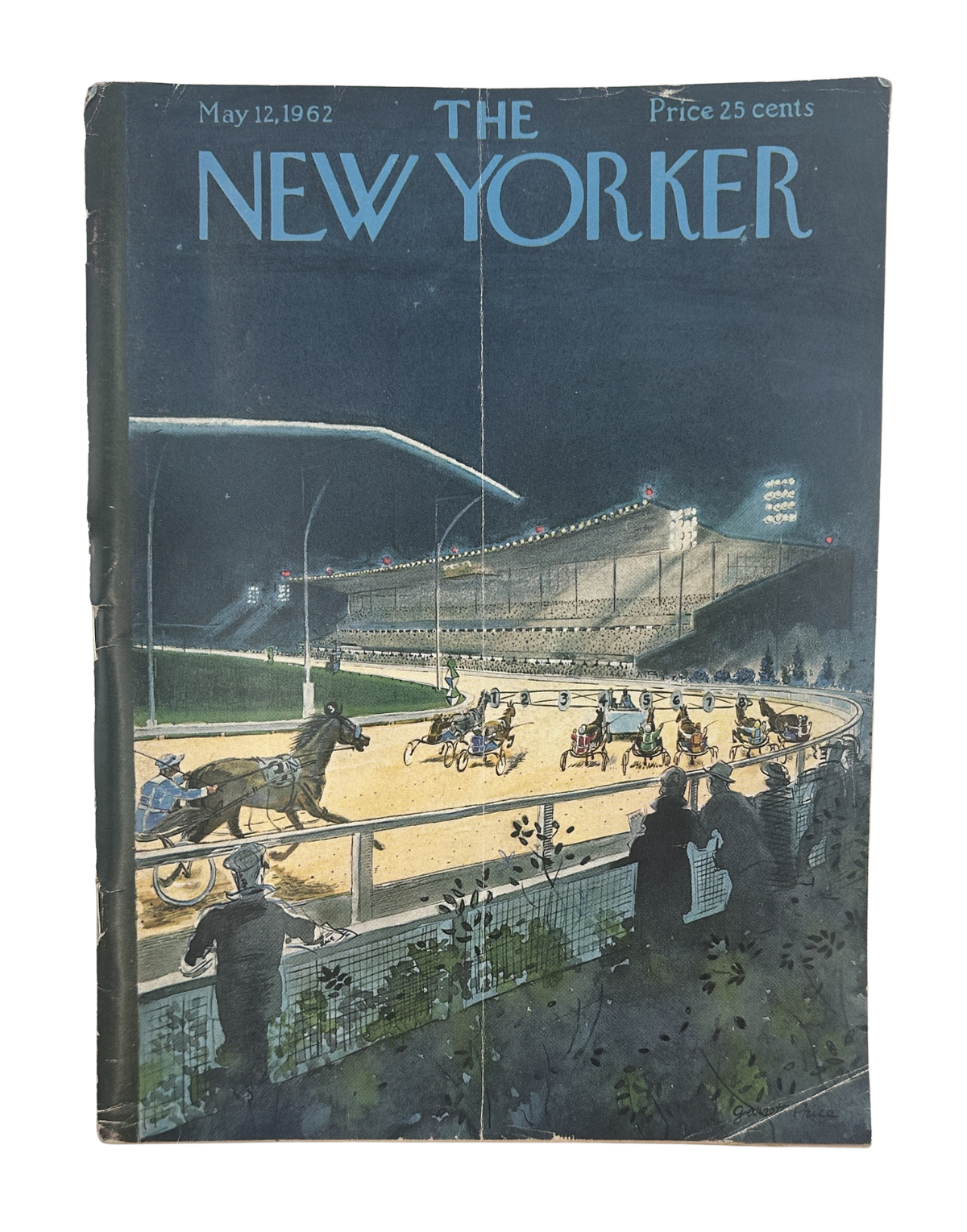 The New Yorker Magazine May 12, 1962 Harness Racing Track Garrett Price Cover, featuring an illustrated nighttime harness racing scene with sulkies, horses, spectators, and illuminated grandstands.