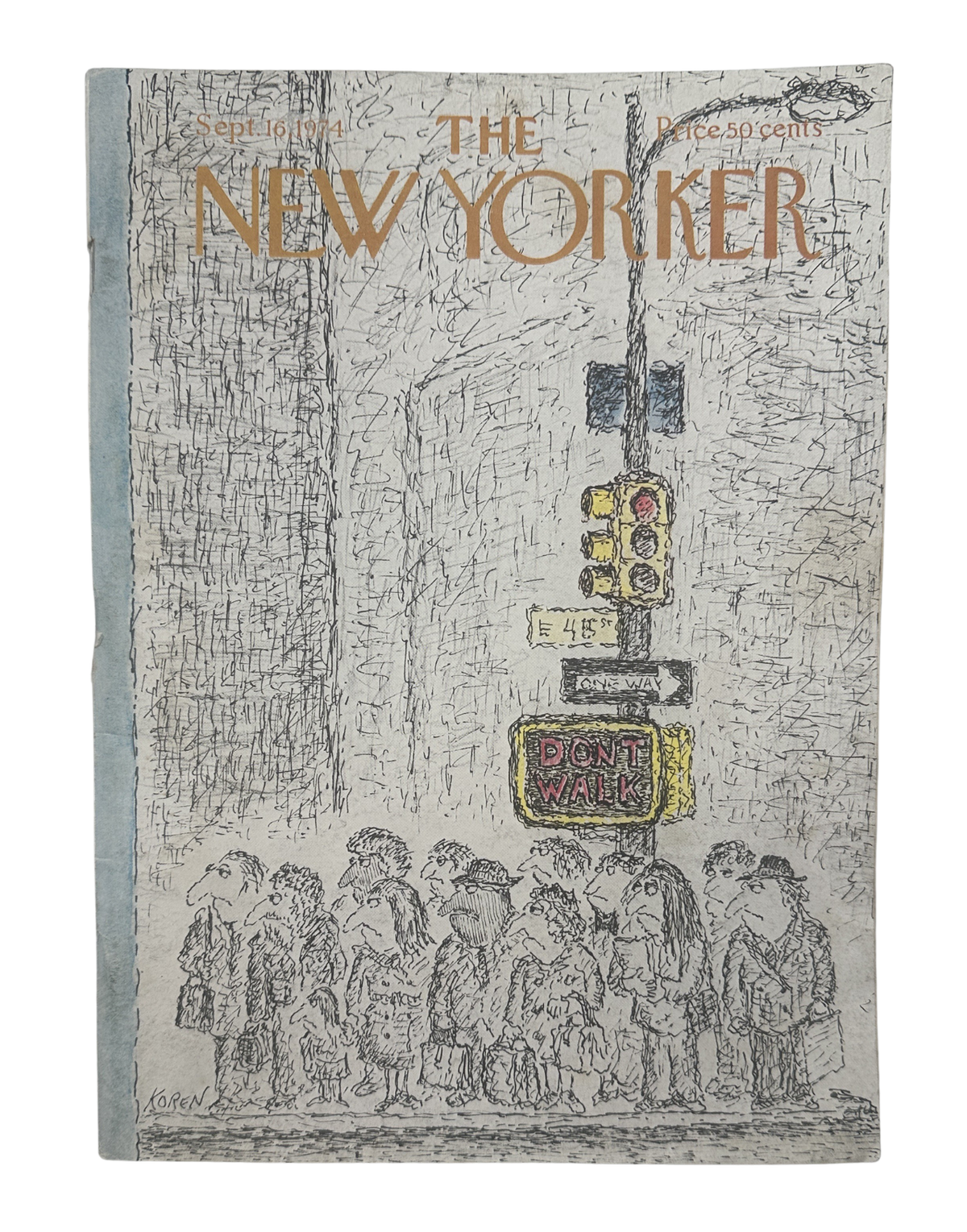The New Yorker Magazine September 16, 1974 Don't Walk Crowd Edward Koren Cover, featuring a vintage illustrated New Yorker cover with a crowd gathered beneath a traffic light and Don't Walk sign.