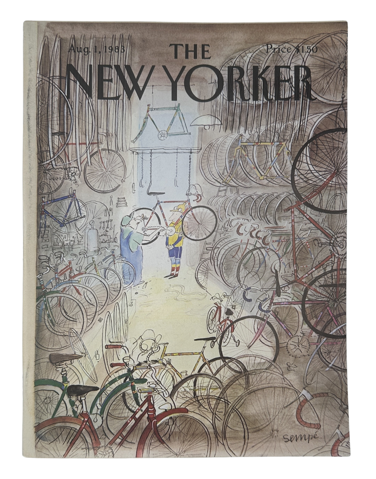 The New Yorker Magazine August 1, 1983 Bicycle Shop Interior J. J. Sempé Cover VG, front cover featuring an illustrated bicycle shop interior with numerous bicycles.