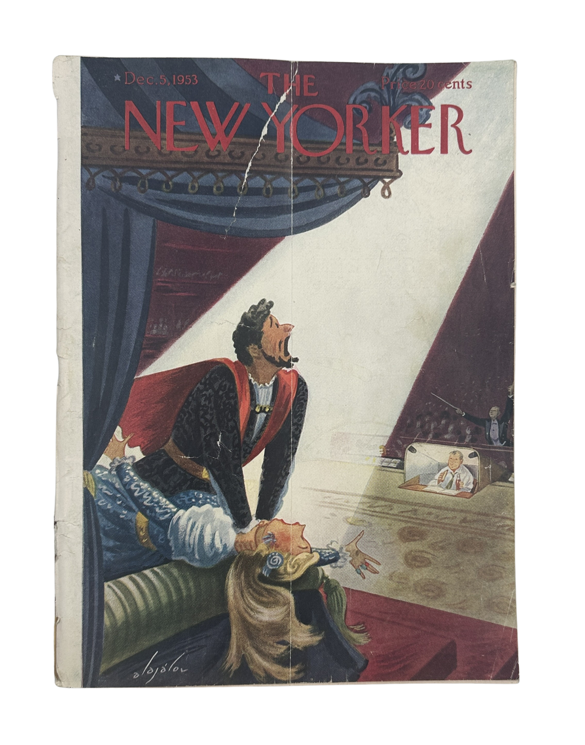 The New Yorker Magazine December 5, 1953 Stage Opera Constantin Aladjalov Cover, vintage illustrated magazine cover showing a theatrical opera scene with performers on stage.