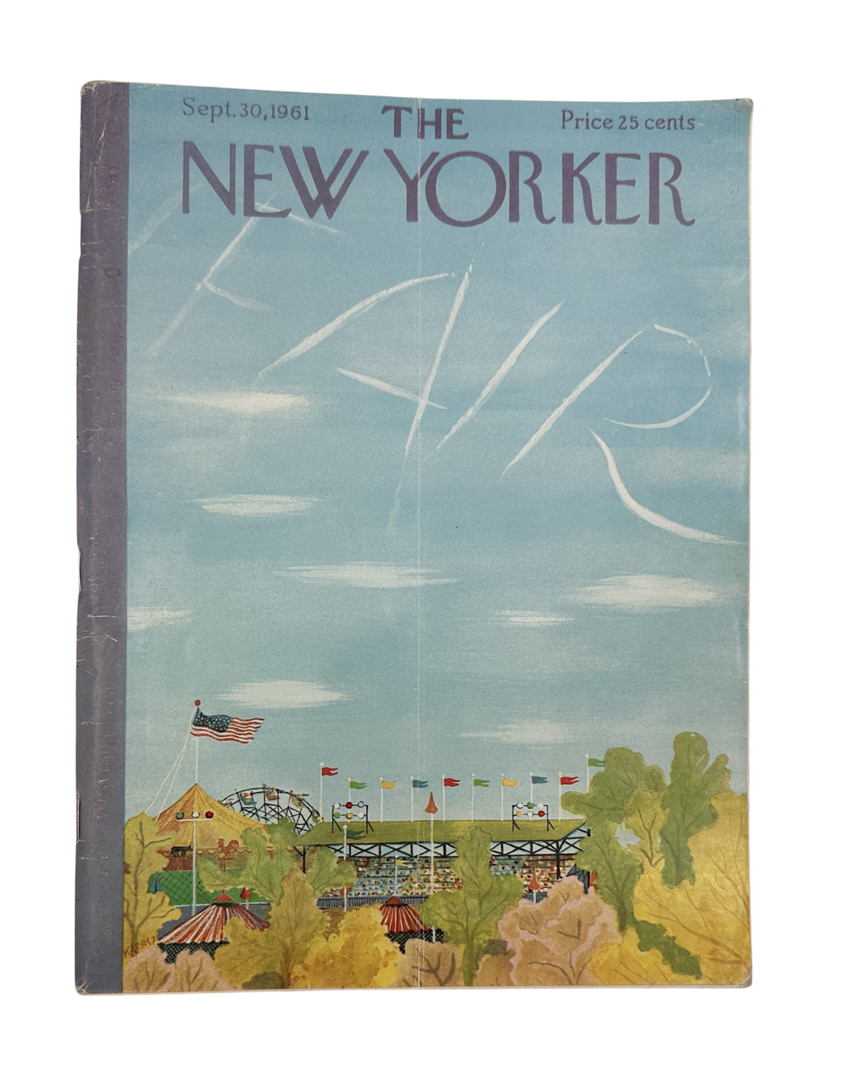 The New Yorker Magazine September 30, 1961 Amusement Park Ilonka Karasz Cover featuring an illustrated amusement park scene with rides, flags, trees, and a blue sky
