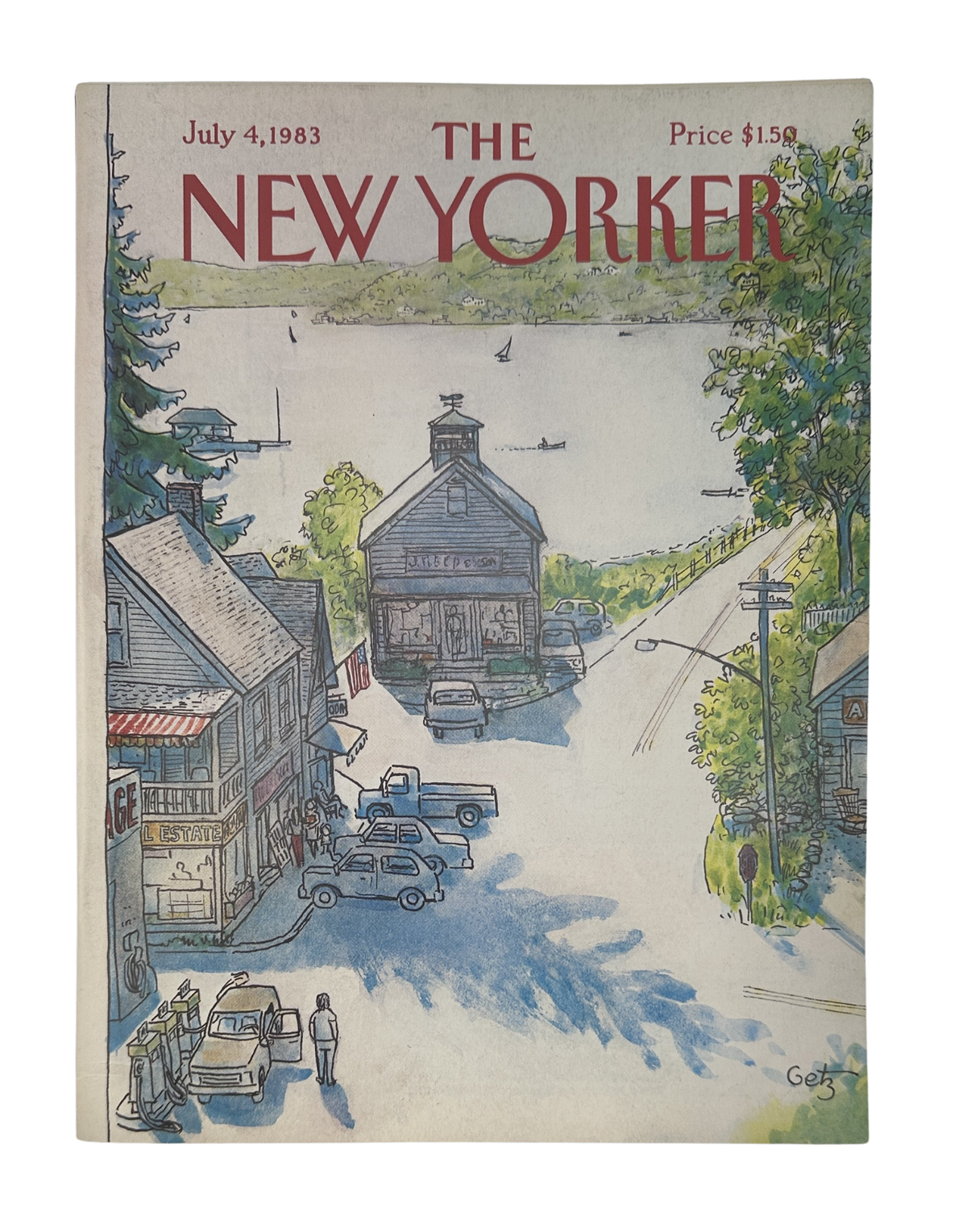 The New Yorker Magazine July 4, 1983 Harbor Village Arthur Getz Cover VG, front cover featuring an illustrated harbor village street scene with waterfront buildings, cars, boats, and trees.
