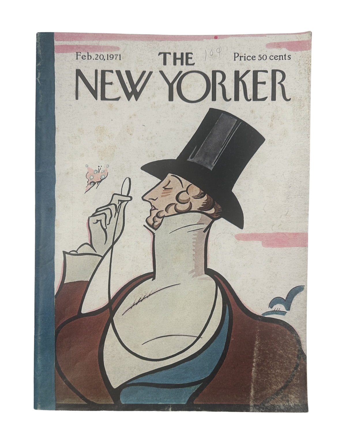The New Yorker Magazine February 20, 1971 Tilley Butterfly Rea Irvin Cover, featuring an illustrated gentleman in a top hat holding a butterfly net.