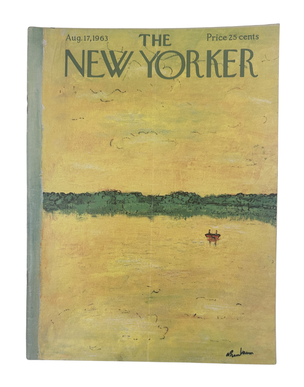 The New Yorker Magazine August 17, 1963 Yellow Lake Red Boat Abe Birnbaum Cover, vintage magazine cover featuring a yellow lake, red boat, distant shoreline, and New Yorker masthead