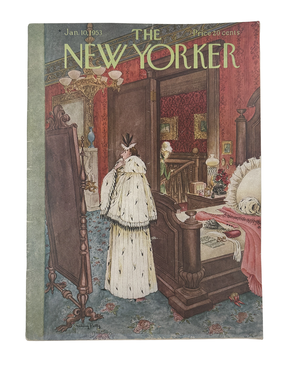 The New Yorker Magazine January 10, 1953 Bedroom Mirror Mary Petty Cover, featuring a woman in a vintage bedroom beside a standing mirror.