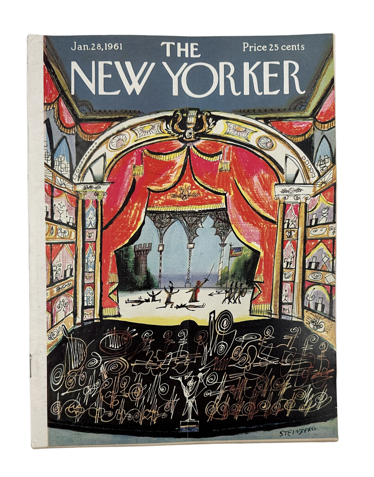 The New Yorker Magazine January 28, 1961 Opera House Interior Saul Steinberg Cover, vintage magazine front cover featuring a colorful illustrated theater interior with red curtains and orchestra pit.