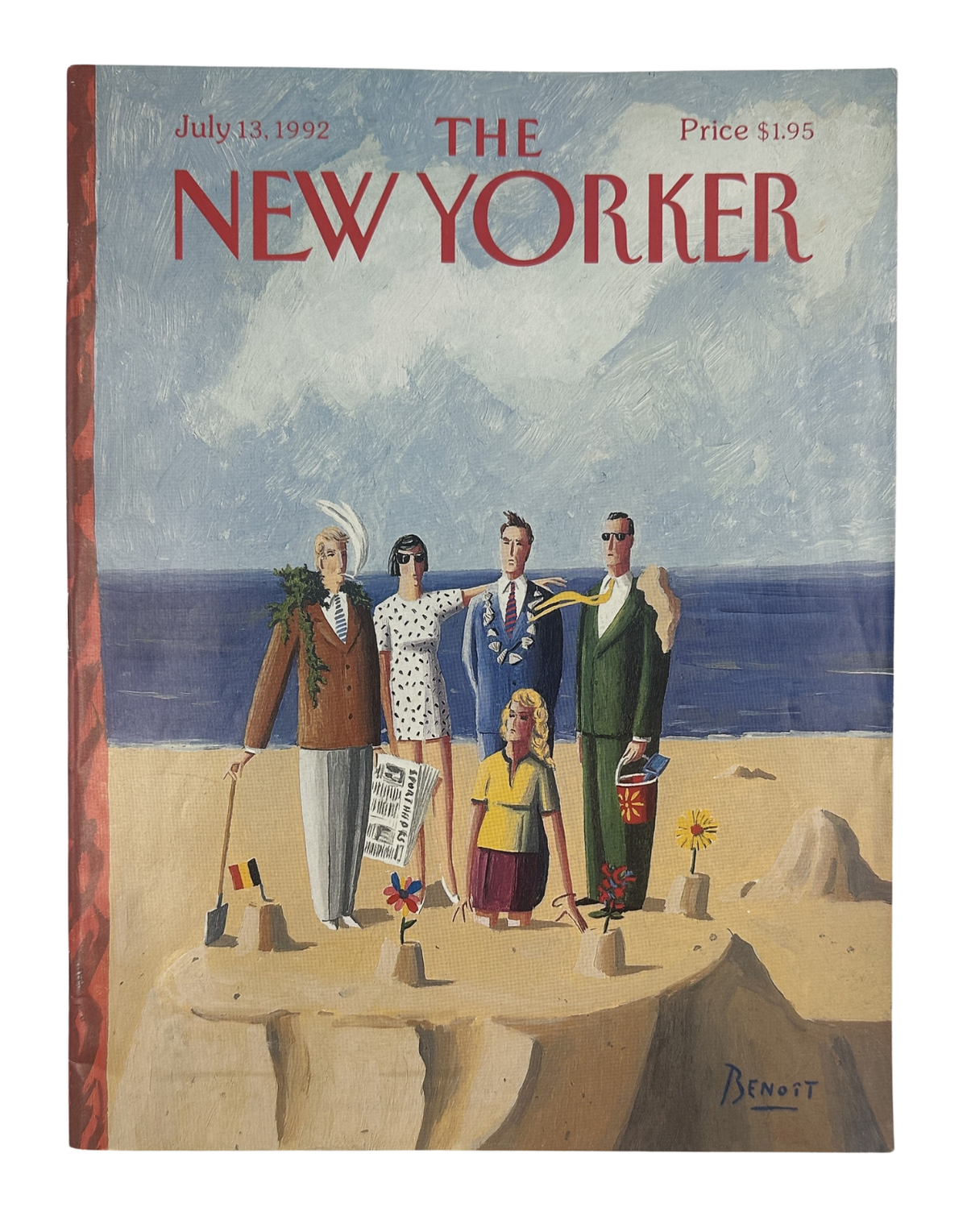 The New Yorker Magazine July 13, 1992 Beach Family Sandcastles Benoît van Innis Cover VG, featuring a family standing on a sandy beach beside sandcastles and the ocean.